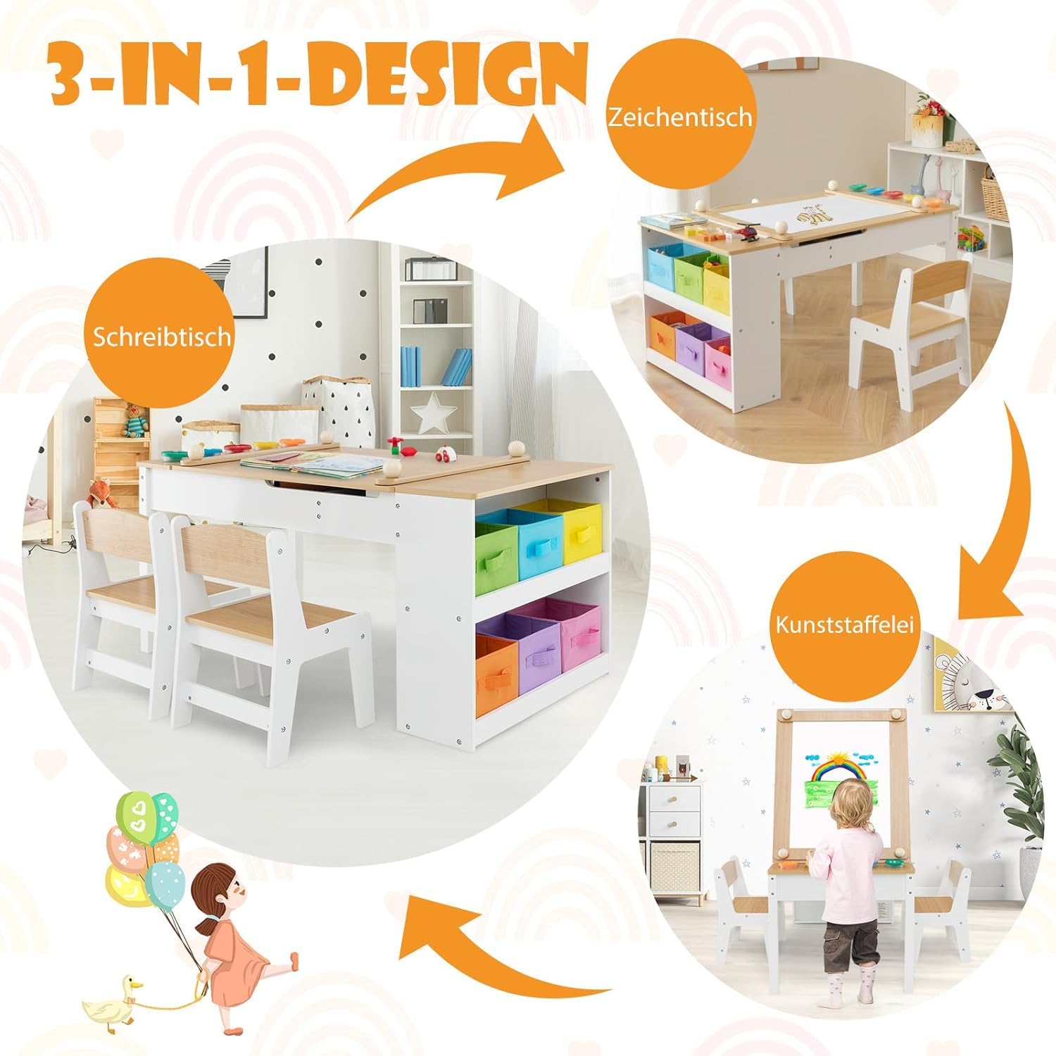 DREAMADE 3 in 1 Kindertisch mit 2 Stühlen aus Holz, Kinder Maltisch mit kippbarer Tischplatte & 6 Stoffboxen & Papierrolle, Kindersitzgruppe mit Stauraum für Kinderzimmer (Natur,mit 2 Ablagen)