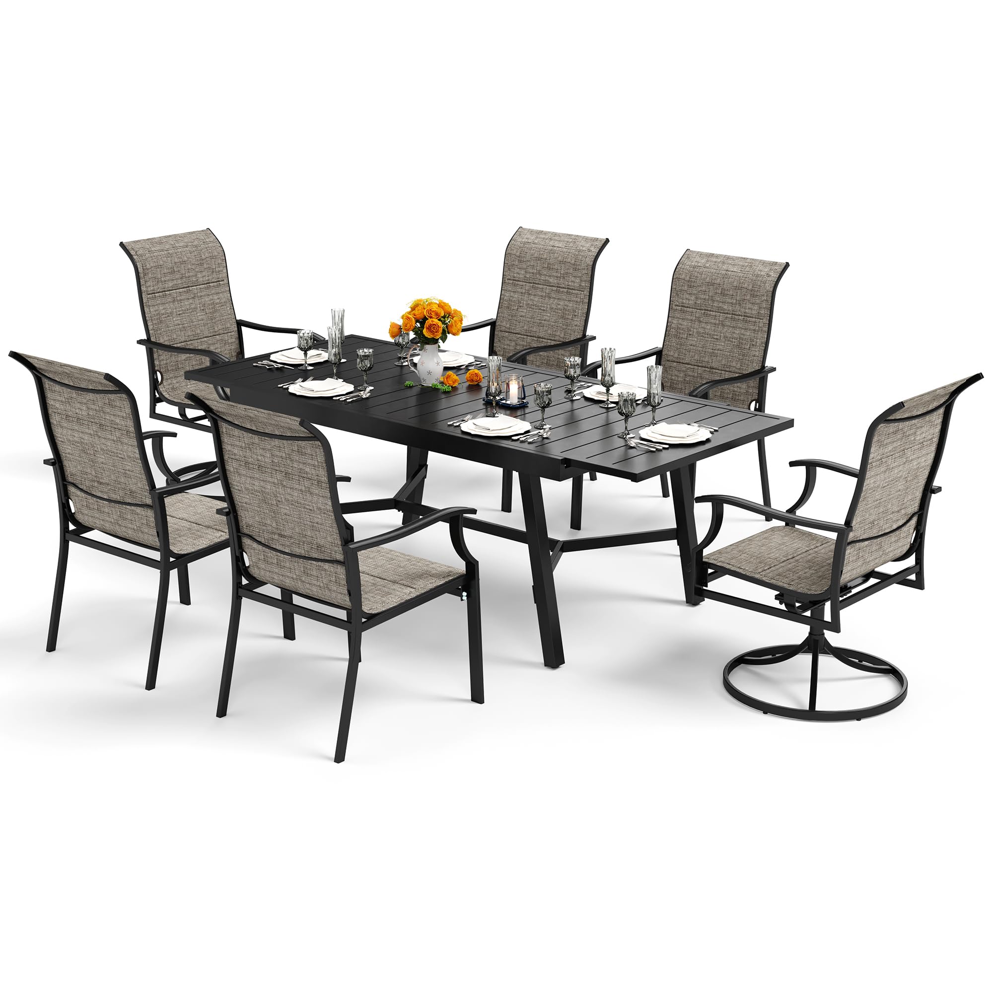 7 Piece Patio Dining Sets for 6, Outdoor Table and Chairs Set Extendable Rectangular Dining Table, 2pcs Swivel Chairs and 4pcs Stable Chairs Outdoor Dining Sets for Outdoor Deck Garden