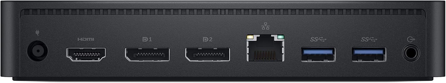 Tukangeun view of Dell D6000 Universal Dock showing power, HDMI, DisplayPort, Ethernet, USB-A, and audio ports