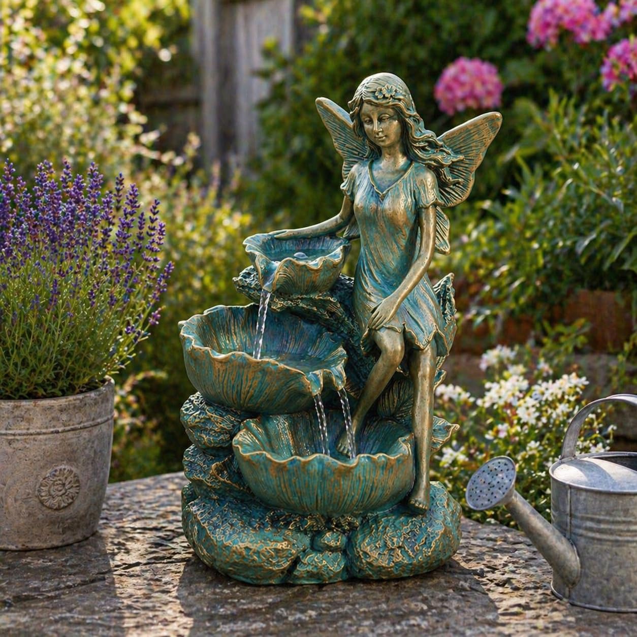 Festive Lights Fontaine LED solaire de 41 cm en forme de fée avec cascade, fontaine solaire pour jardin, intérieur et extérieur, fontaine solaire pour l’extérieur, fontaine de jardin en bronze