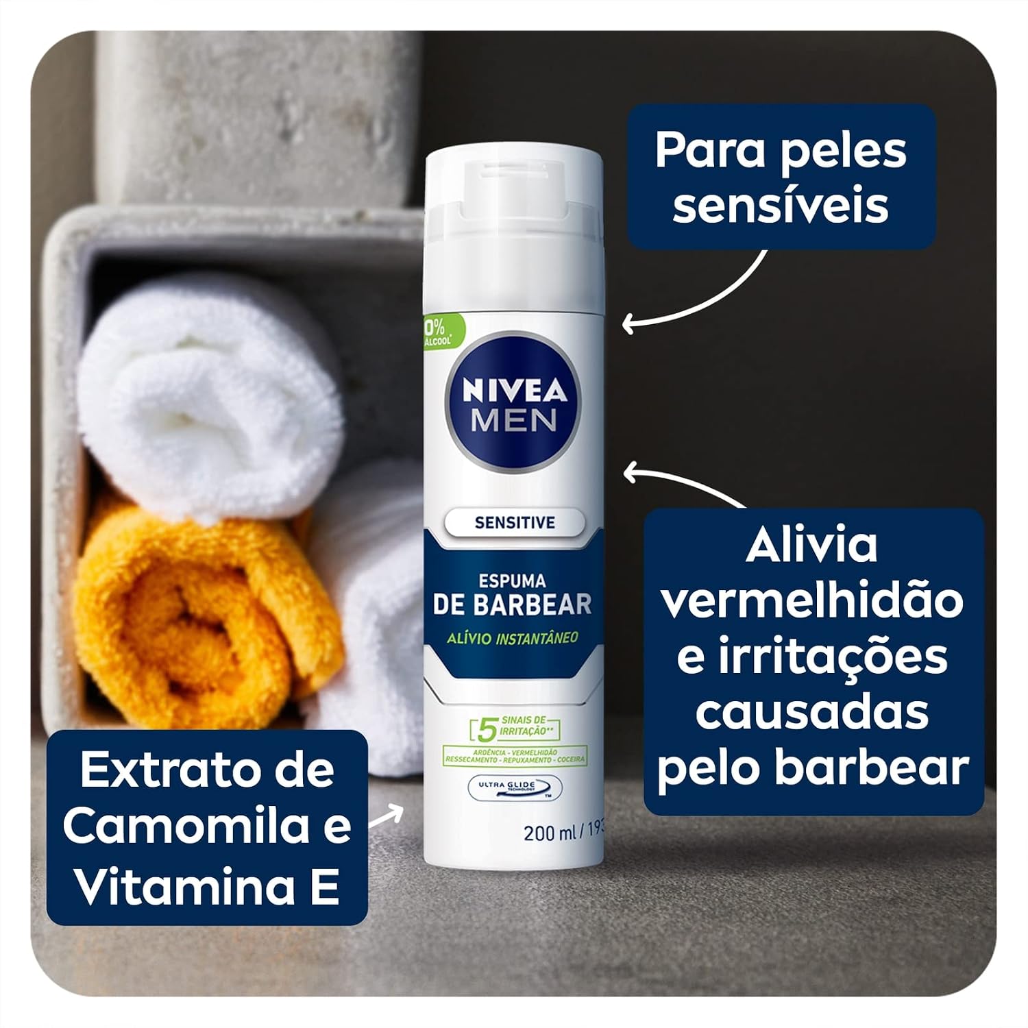 NIVEA MEN Espuma de Barbear Sensitive - Para peles sensíveis, alivia vermelhidão, com extrato de camomila e vitamina E, deslizamento suave da lâmina, reduz irritações, textura em espuma - 200ml