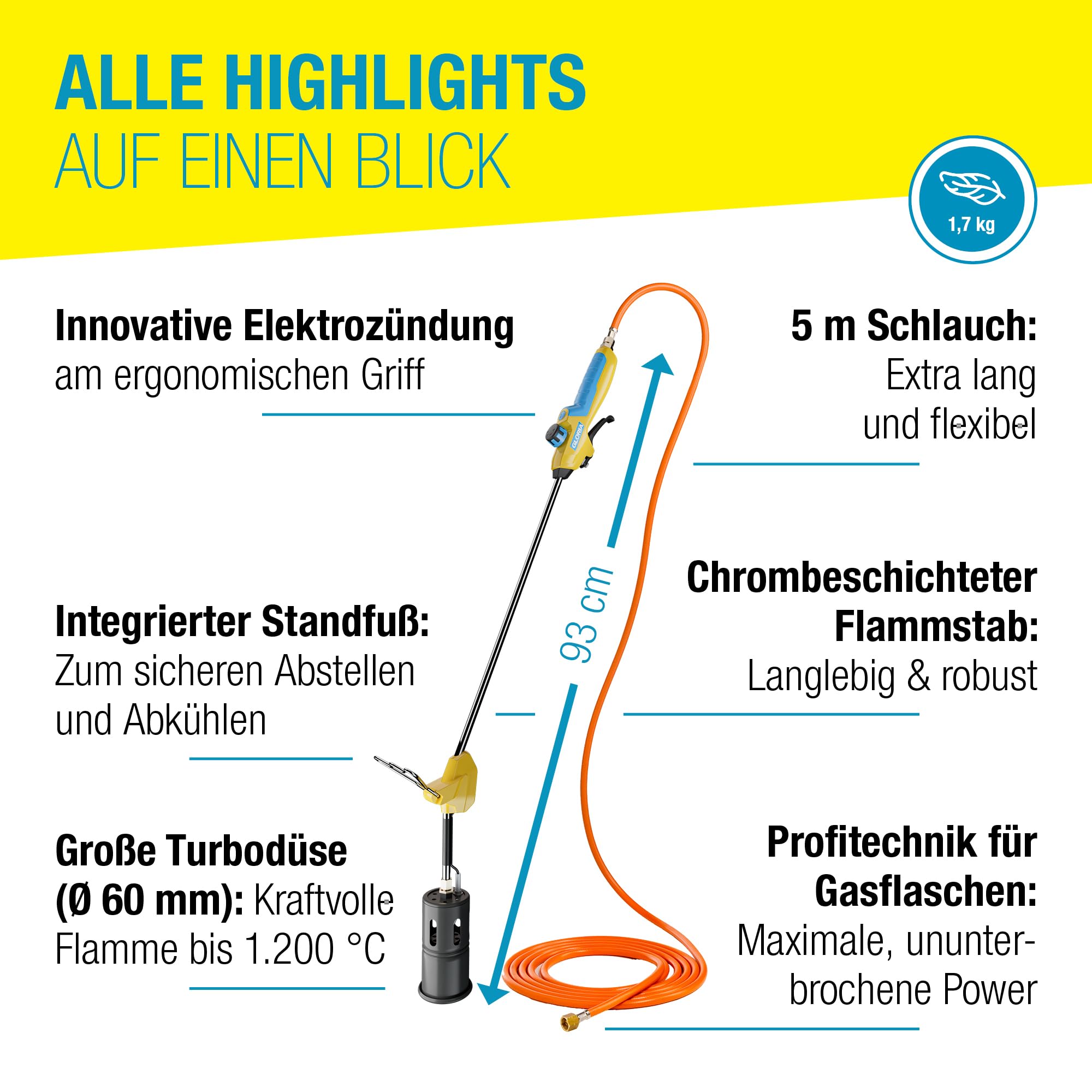 Gloria Flameador de gas Thermoflamm Bio Professional E+ Turbo Set – Potente para grandes superficies | Conexión de botella de gas comprimido | Quemador de malas hierbas/herbicidas | Incluye reductor