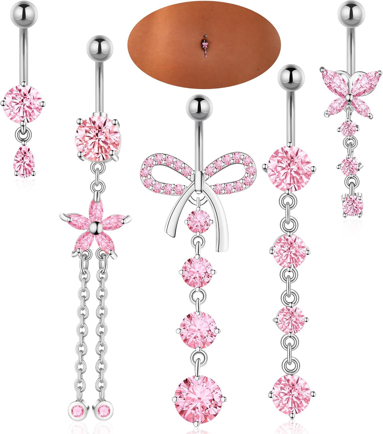 Belly Button Rings Gold Plated Silver Pink Clear CZ Belly Rings for Women Heart Bow Flower Butterfly Teardrop Dangle Navel Belly Button Piercing Jewelry