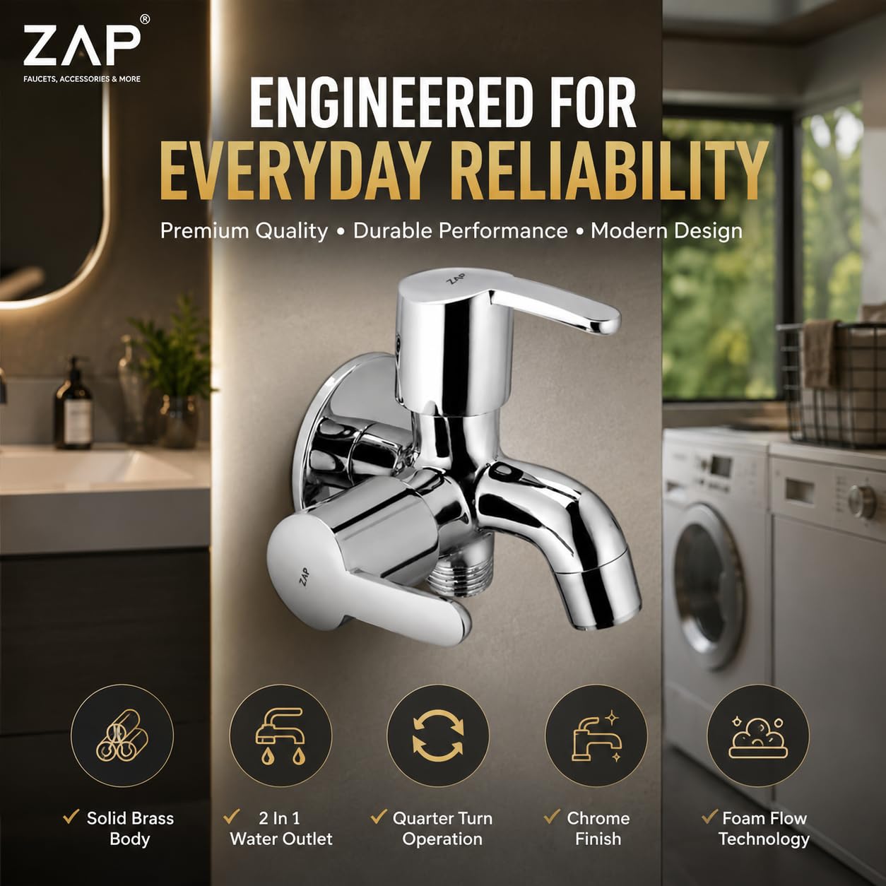 ZAP 2-in-1 Brass Bib Cock Tap for Bathroom & Kitchen | Dual Outlet Wall Mounted Faucet with Foam Flow Aerator | Quarter Turn Handle | Chrome Finish Two Way Water Tap with Wall Flange 4