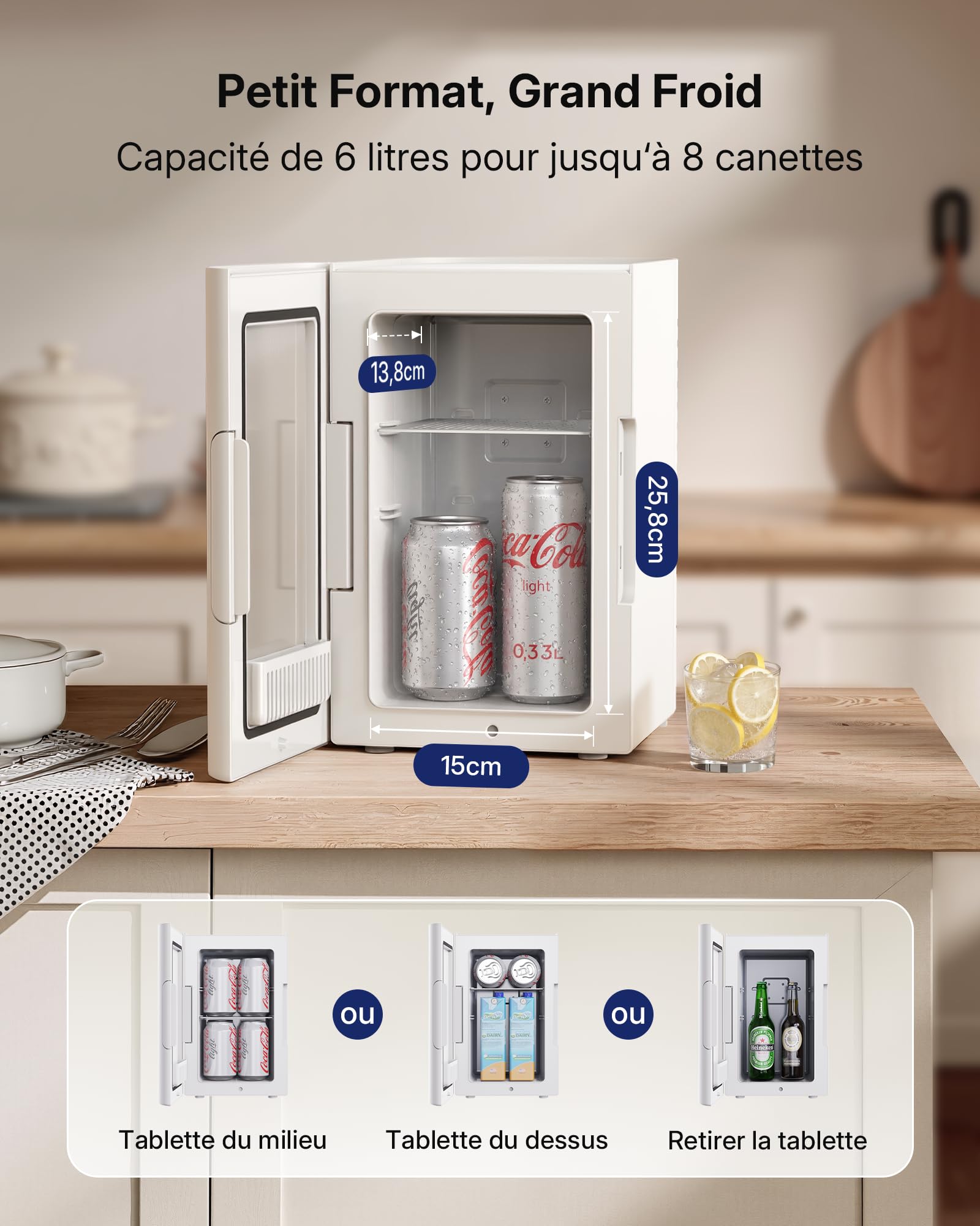 Upstreman Mini Frigo de Chambre 6L, Petit Fridge Avec fiche CA 220V / CC 12V, pour Bureau Dortoir Voiture Camping, Refroidissement et Chauffage, pour Cosmétique Red Bull Boissons Beauté, TR6 Blanc