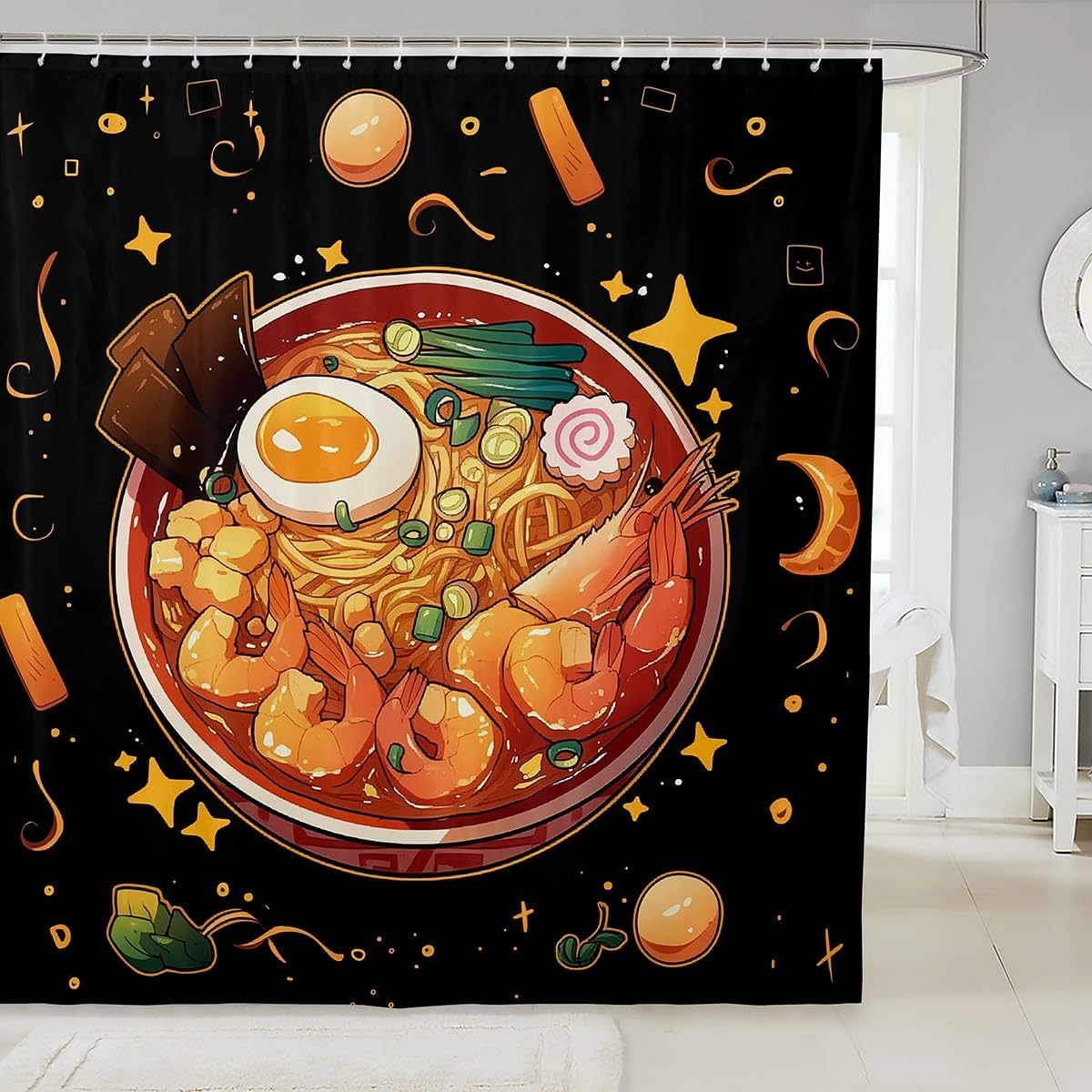 Erosebridal Japanese Ramen Bathroom Decor,Ramen Noodles Shower Curtain Set Funny Gifts for Kids Women Men,Anime Style Bathroom Set Food Print Fabric Shower Curtain 72" Wx84 L Home Decor