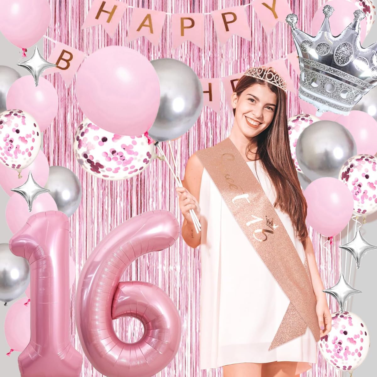 Sweet 16th Birthday Decorations Pink, Happy Birthday Decorations for Girls Pink Silver Balloons Number 16 Balloons,Fringe Curtain, Crown Balloon, Star Balloon for Her Girl 16th Birthday Princess Party - Image 2