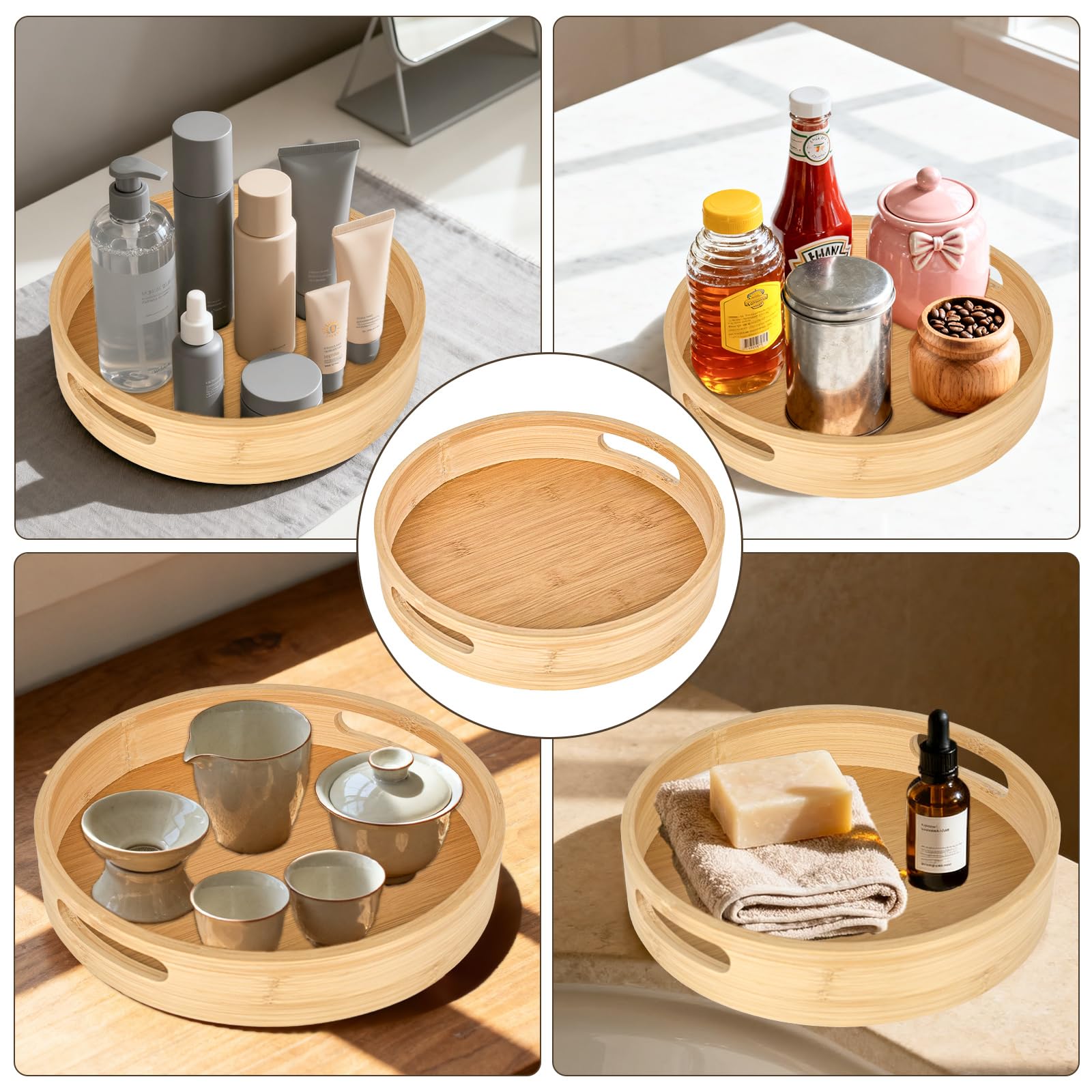 Bambus-Serviertablett, Serviertablett Rund D:25cm, Natur Bambus Tablett Holz Runde mit Griffen＆5cm Erhöhter Rand, Holztablett Rund, Rundes Tablett für Lebensmittel,Tee, Kaffee, Obst, Mahlzeiten