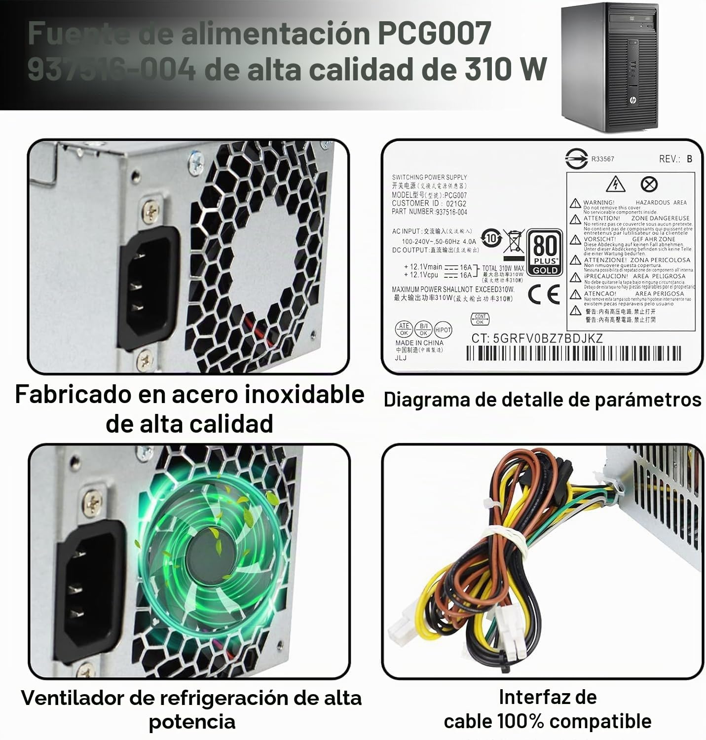 S-Union Fuente de alimentación mejorada de repuesto de 310 W P/N PCG007 DPS-310AB-1A 937516-004 901772-004, compatible con HP ProDesk 280 288 480 G3 MT 400G4 282G3 SFF (7PIN + 8 pines) +Conector de 4
