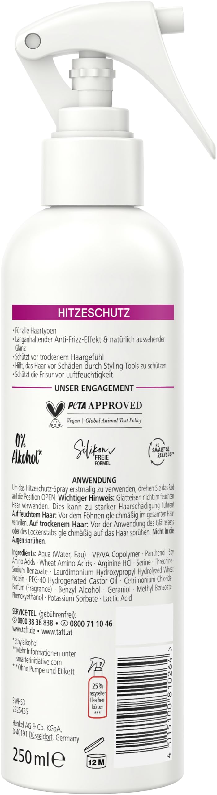 Schwarzkopf Taft spray chroniący przed wysoką temperaturą (250 ml), nadaje się do wszystkich narzędzi do stylizacji włosów, do wszystkich rodzajów włosów z efektem zapobiegającym mechaceniu się i
