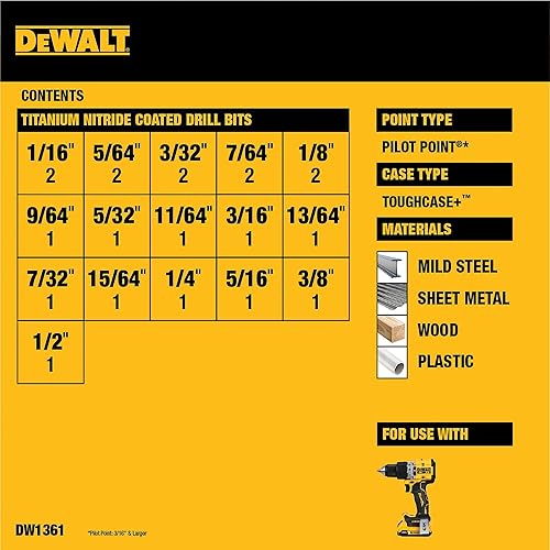 Miniatura 3 de DeWalt DW1361 Juego de brocas de Titanio Pilot 21 unidades