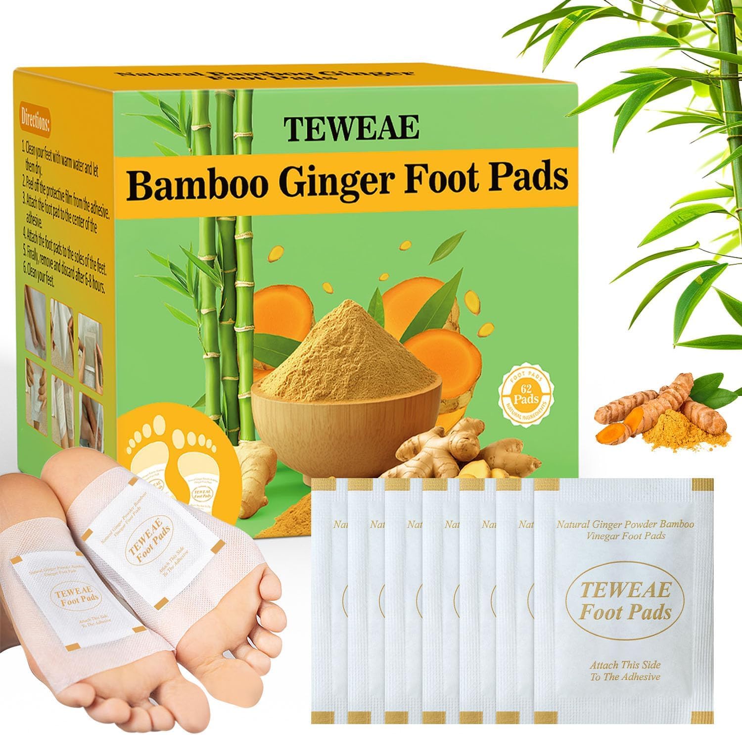 TEWEAE 62 Pads Foot Pads for Better Sleep, Natural Ginger &amp; Bamboo Vinegar Turmeric Wormwood - No Off - Improves Sleep and Relaxation - Premium Foot Care Good Night Foot Patches. for Father's Day