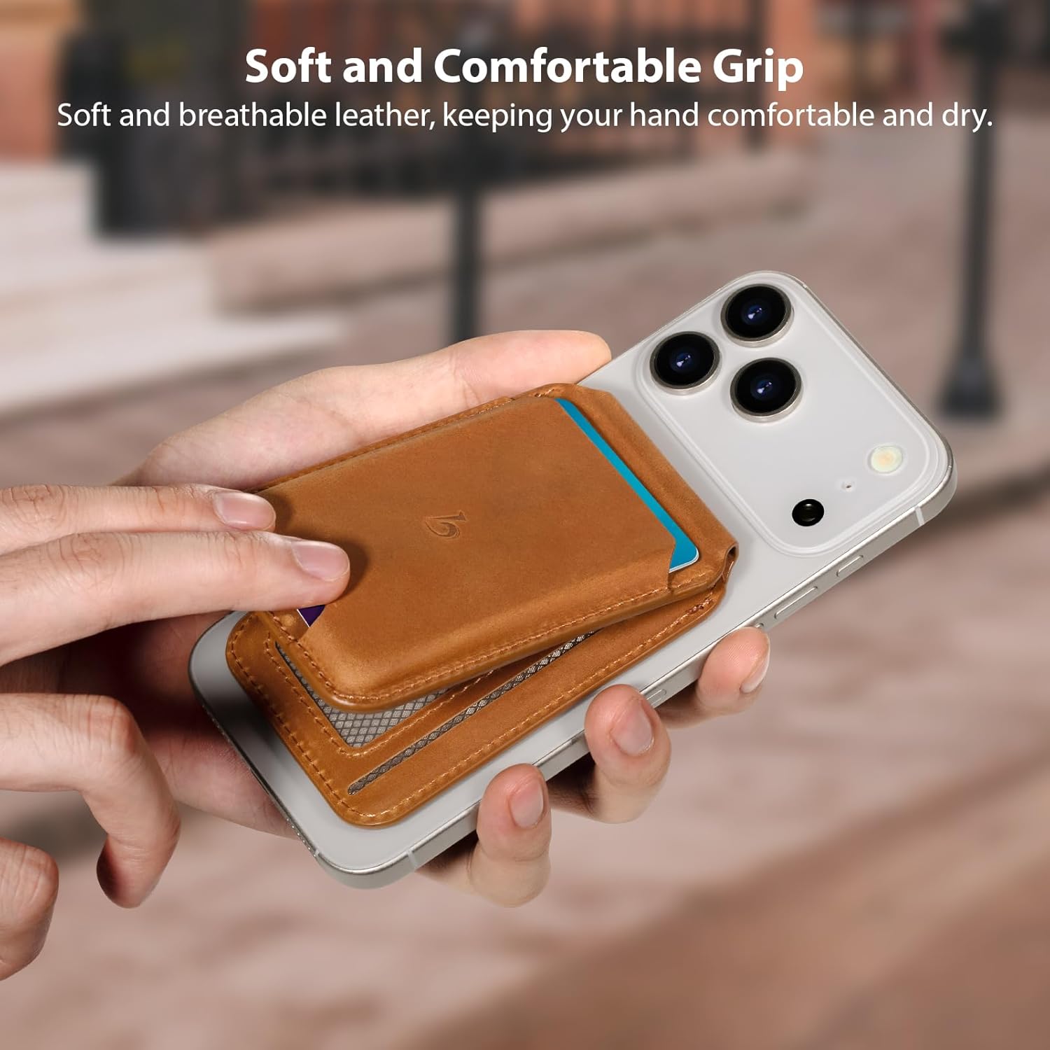 Belemay Strong Magnetic Wallet for MagSafe with Adjustable Stand, Crazy Horse Leather Card Holder, Up to 5 Cards, RFID Blocking, Slim for iPhone 17/16/15/14/13/12 Series Men & Women - Sunset Tan