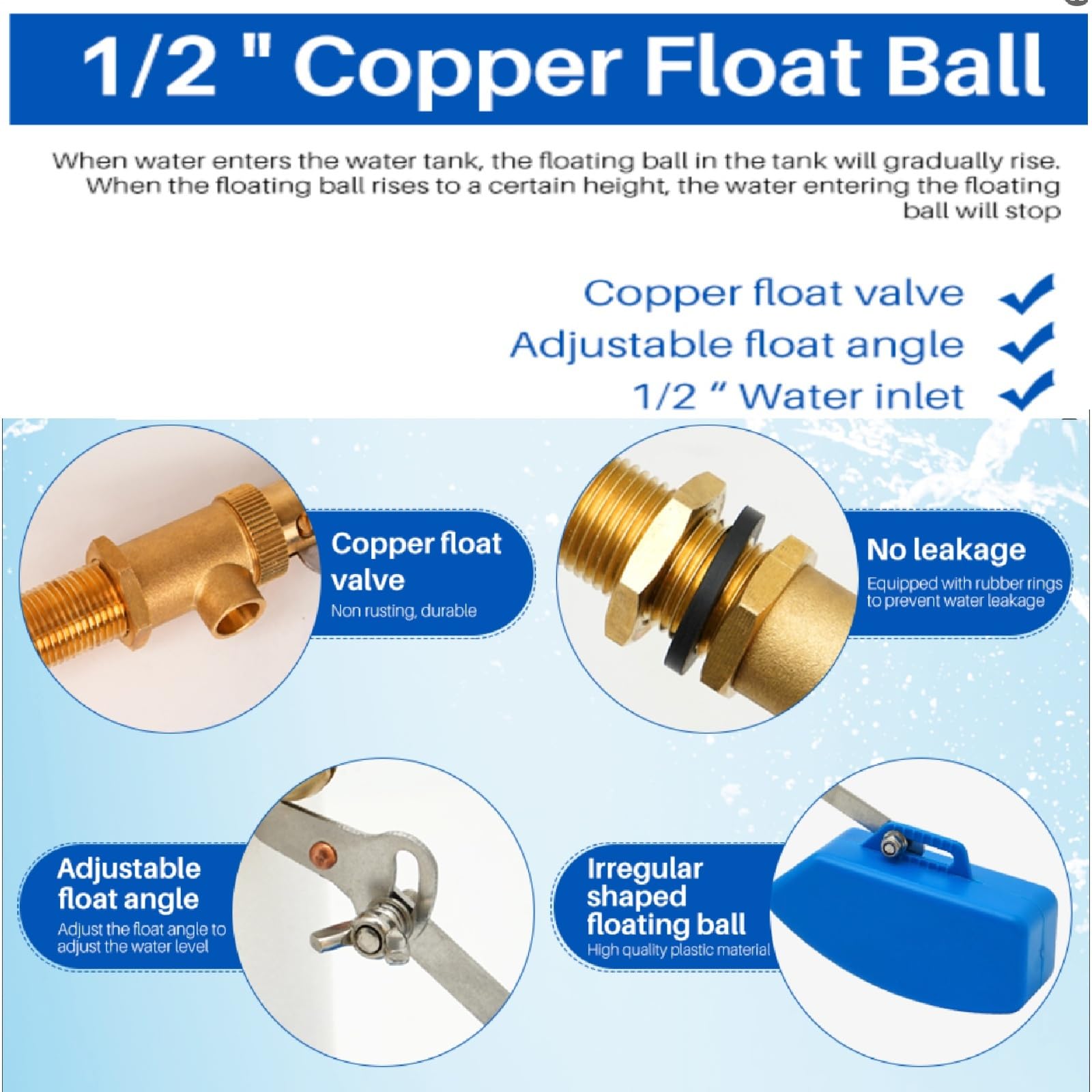 3/4" Vanne À Flotteur En Laiton, Robinet Flotteur Réglable, Vanne De Remplissage Automatique Pour Réservoir, Piscine, Abreuvoirs Pour Volaille, Bleu