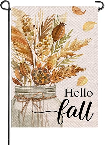 Artofy Bandera decorativa pequeña de jardín con texto en inglés "Hello Fall", frasco de trigo masón de cosecha de otoño, decoración rústica para