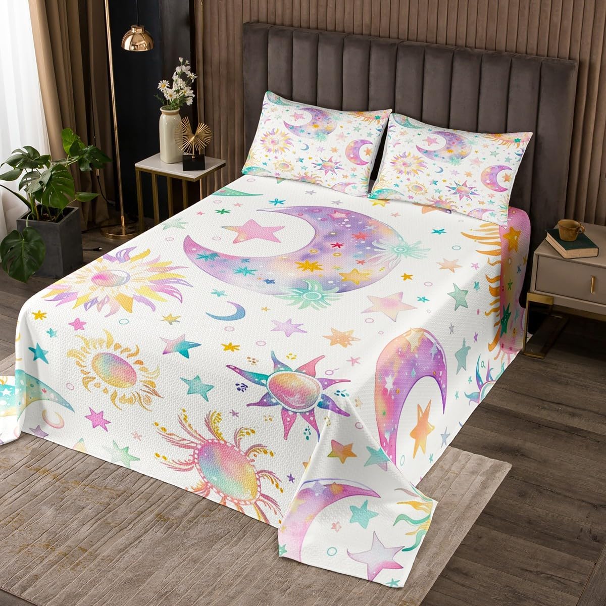 Castle Fairy Sun and Moon Bedspread Queen Size,Watercolor Starry Sky Quilt Sets 3Pcs for Kids Teens Youth Room Decor,Dreamy Bohemian Bedding Sets Fantasy Galaxy Down Comforter,2 Pillowcases