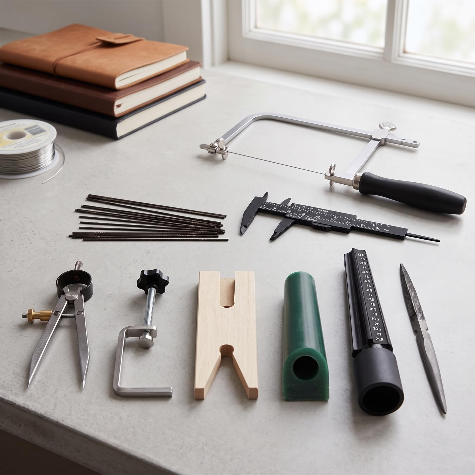 Crafting Equipment Set per Lavorazione Anelli con Archetto Seghetto Robusto Misuratore Circolare Asta Verde Calibro Metallo Morsetto Fascia Blocco