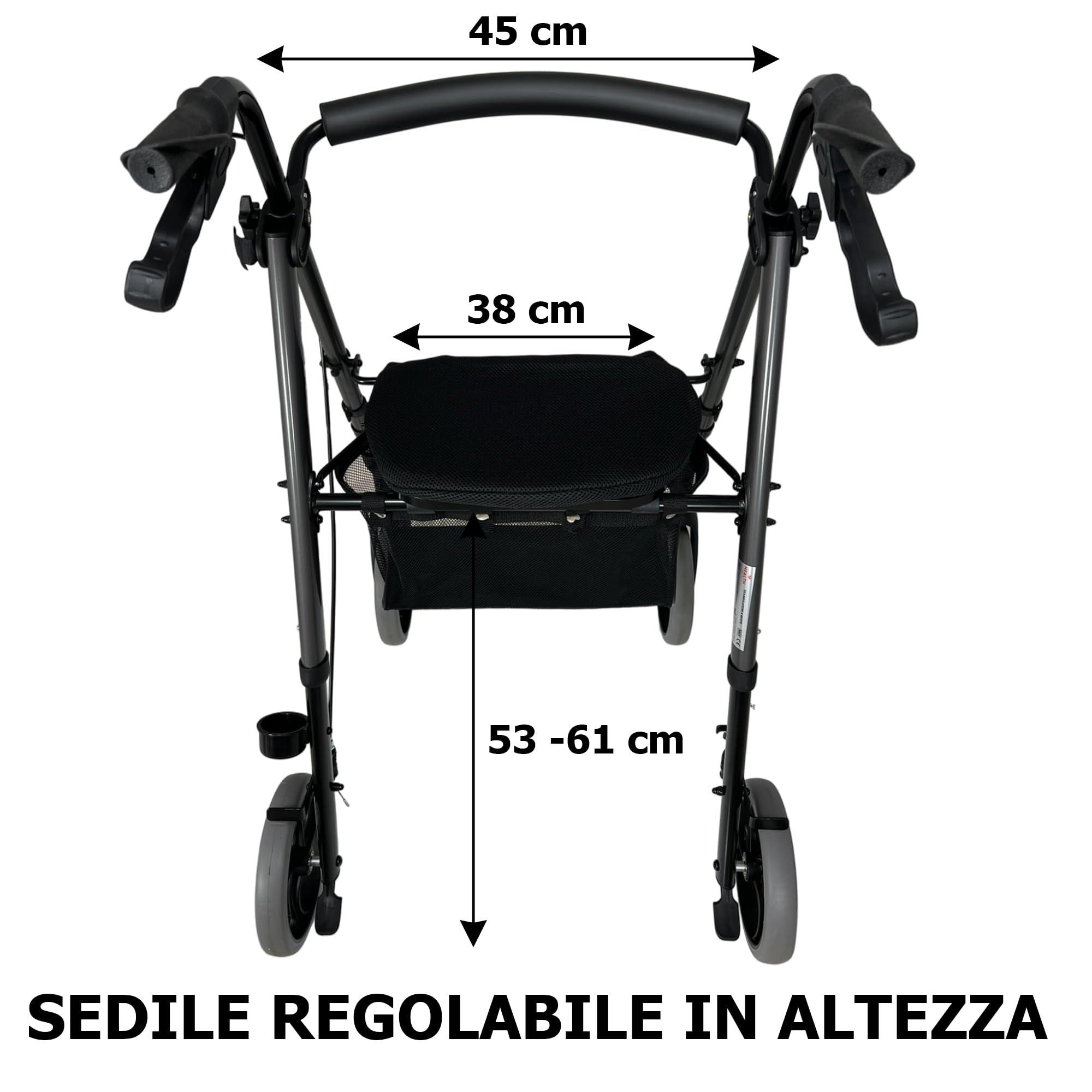 Nomad, Deambulatore in alluminio ultraleggero con 4 ruote, cestino e porta bastone incluso, Seduta regolabile in Altezza