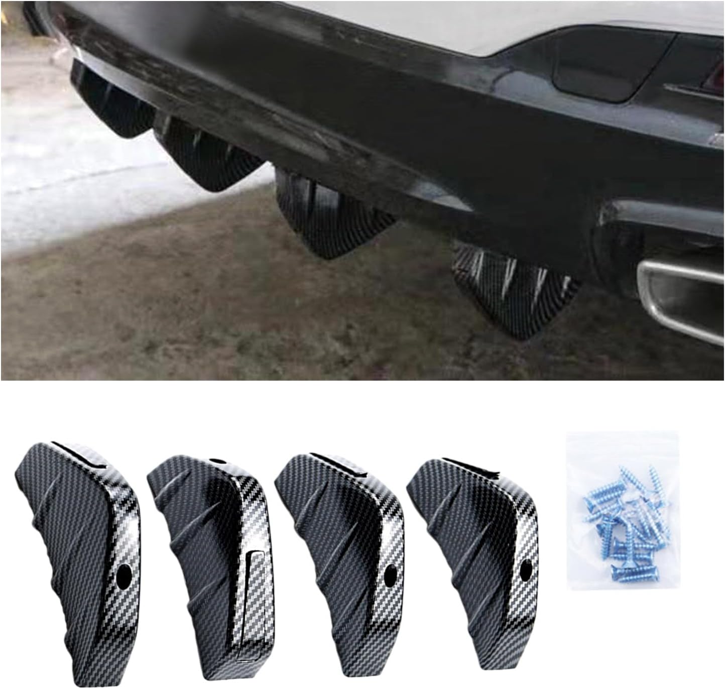 Augeny 4PCS Car Rear Lower Bumper Wing Lip Diffuser, Anti-Crash Auto Shark Fin Spoiler Protector with Mounting Screws, Universal Rear Bumper Lip Diffuser Kit for Car SUV Truck (Carbon Fiber)