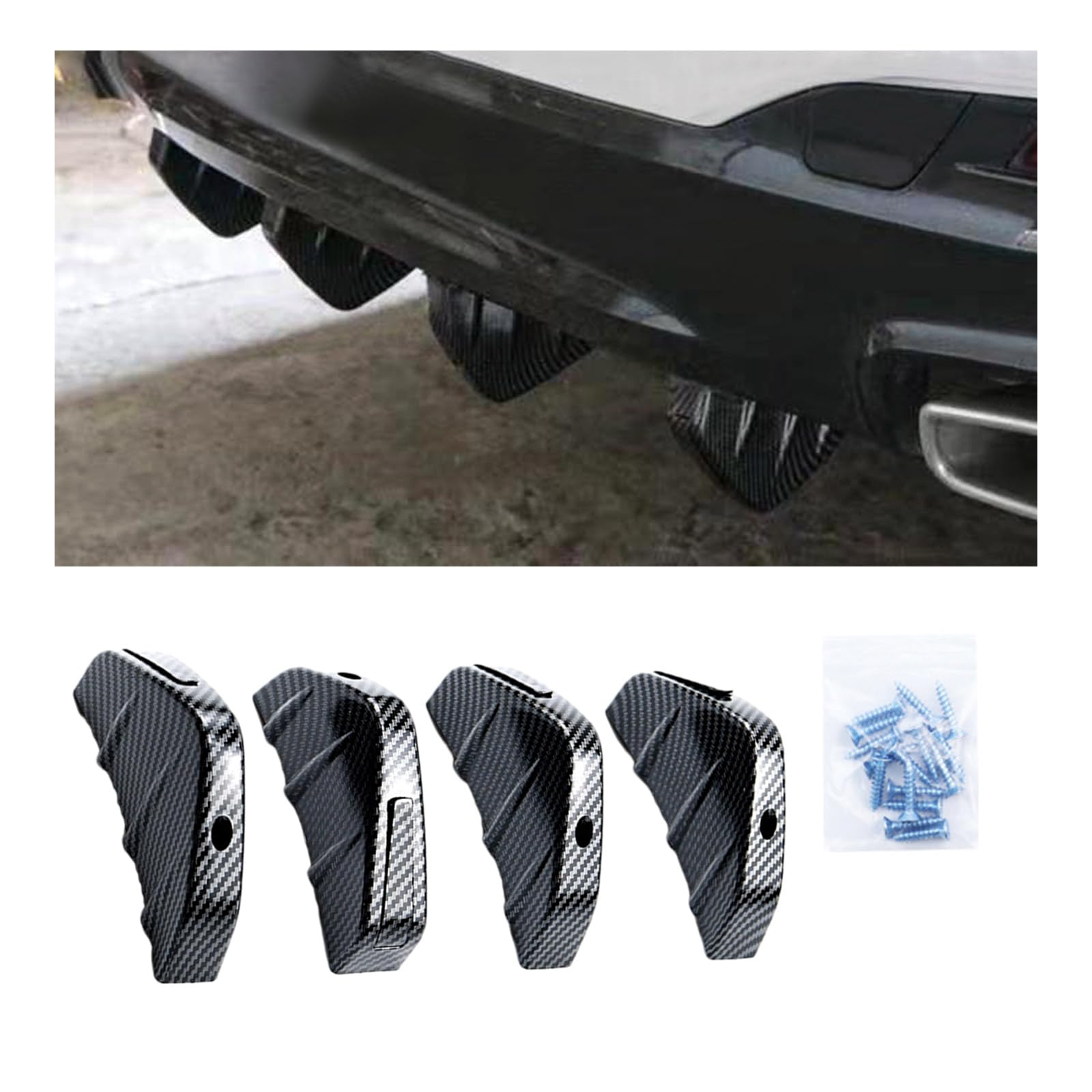 Augeny 4PCS Car Rear Lower Bumper Wing Lip Diffuser, Anti-Crash Auto Shark Fin Spoiler Protector with Mounting Screws, Universal Rear Bumper Lip Diffuser Kit for Car SUV Truck (Carbon Fiber)