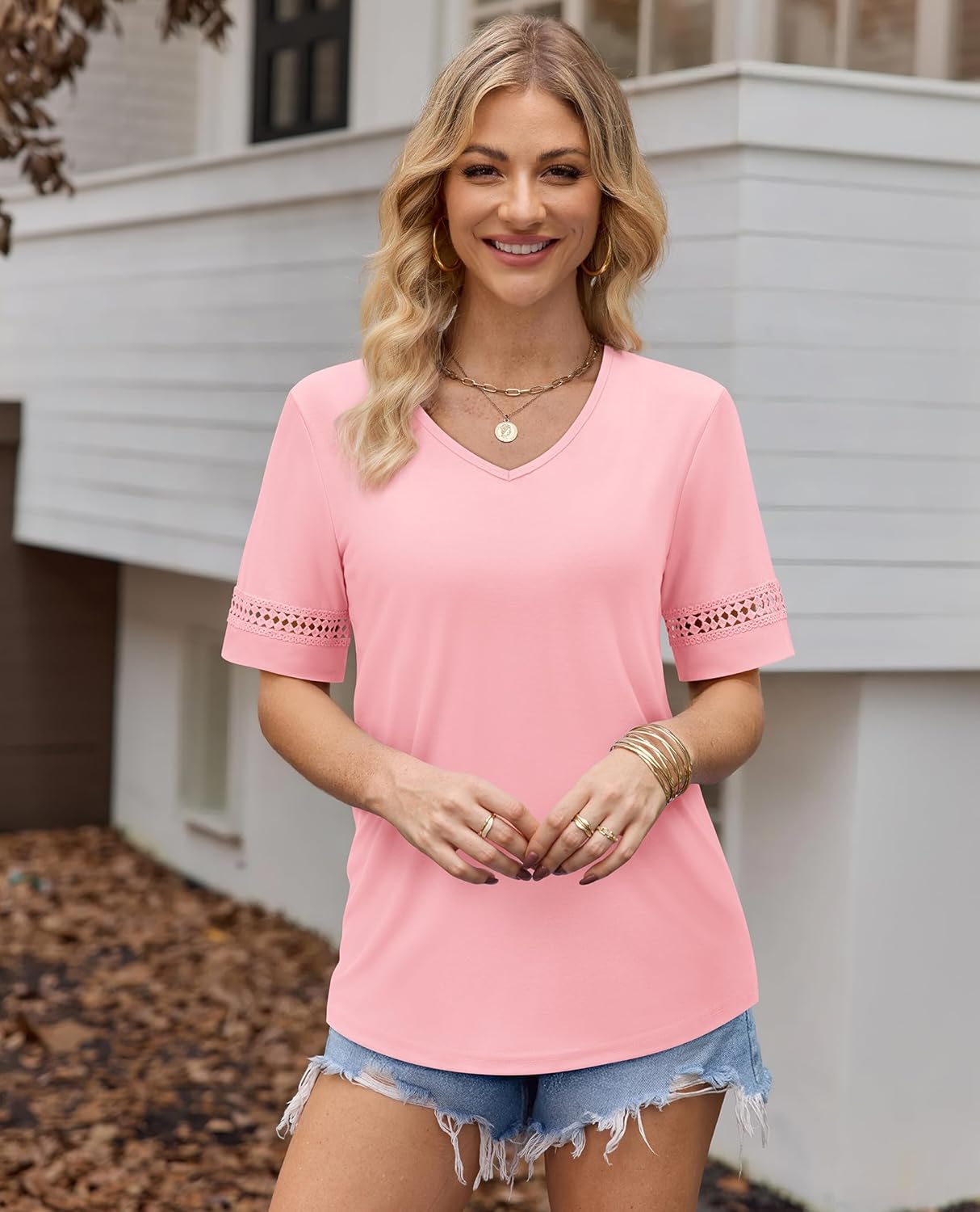 siliteelon Womens Tops V Neck Lace Short Sleeve T Shirts for Dressy Casual Summer 2026 Trendy Clothes - Image 4