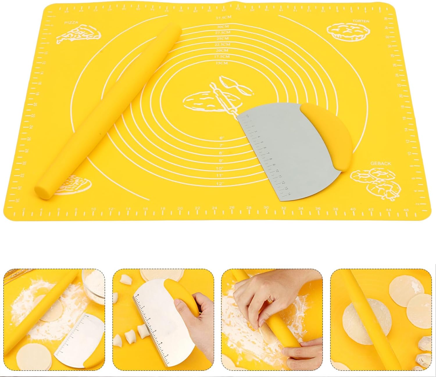 3pcs Multifunctional Non-stick Dough Mat with Practical Dumpling Rolling Pin and Stainless Steel Scaled Dough Scraper for Baking Pastries Pizza and Handmade Noodles