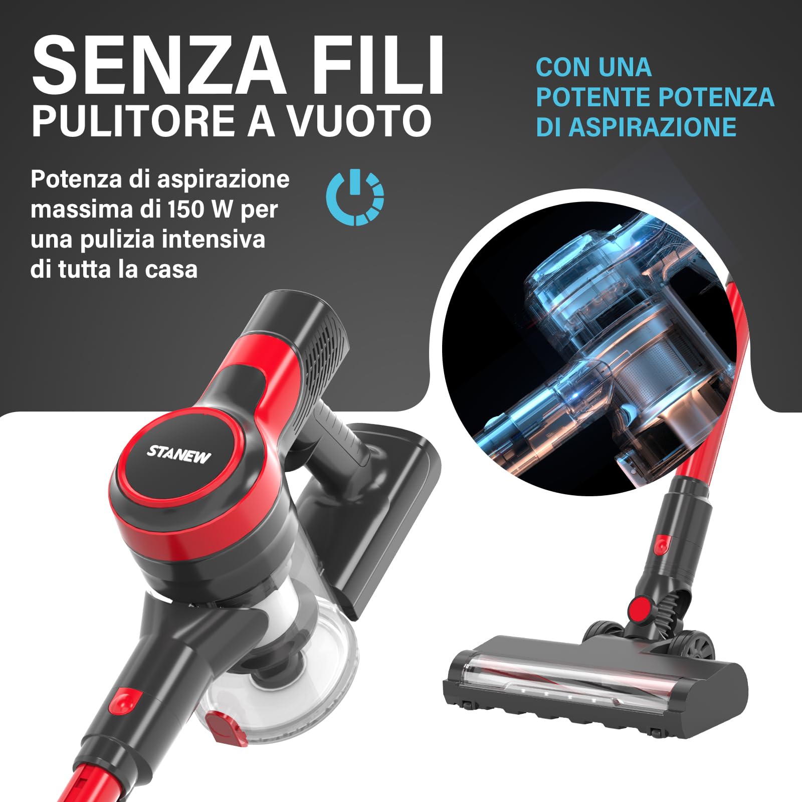 Stanew Aspirapolvere Senza Fili, 22.2v 150w/12KPa Scopa Elettrica Senza Fili con Della Multifunzione 4 in 1, Aspirapolvere Portabile Ultra-leggero,Aut