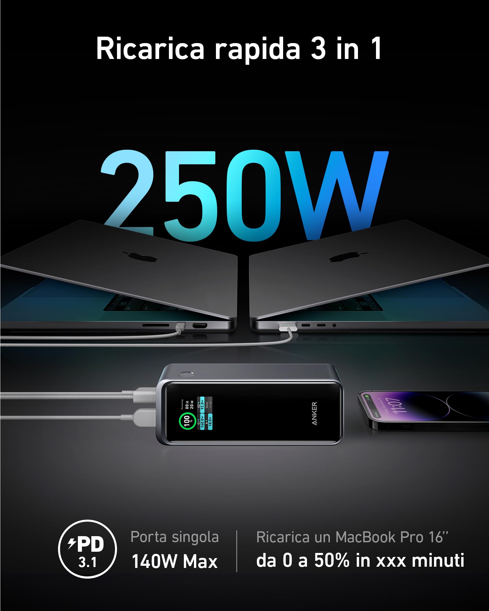Anker Prime Power Bank 27650 mAh 3 porte 250 W, Caricabatterie Portatile, App Smart, Compatibile con MacBook Pro/Air, iPhone 17 Pro Max, Samsung, Dell, AirPods e altri (Base di Ricarica non Inclusa) | Approvato TSA, controllo app, per MacBook Pro/Air, iPh