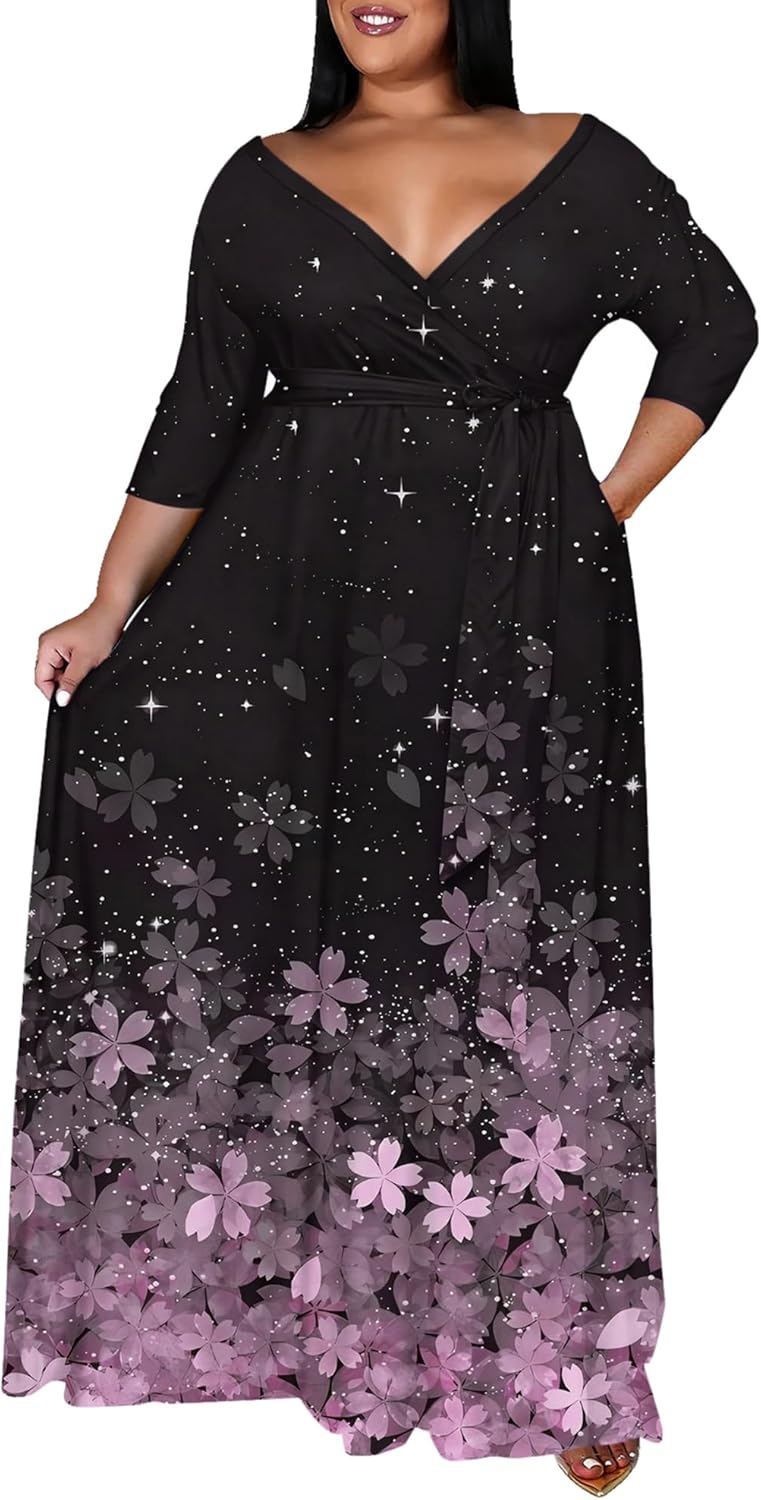 Runwind Plus Size Maxi Dresses for Curvy Women, 3/4 Sleeve V Neck Long Printed Dress with Belt Casual Dress with Pockets - Image 2