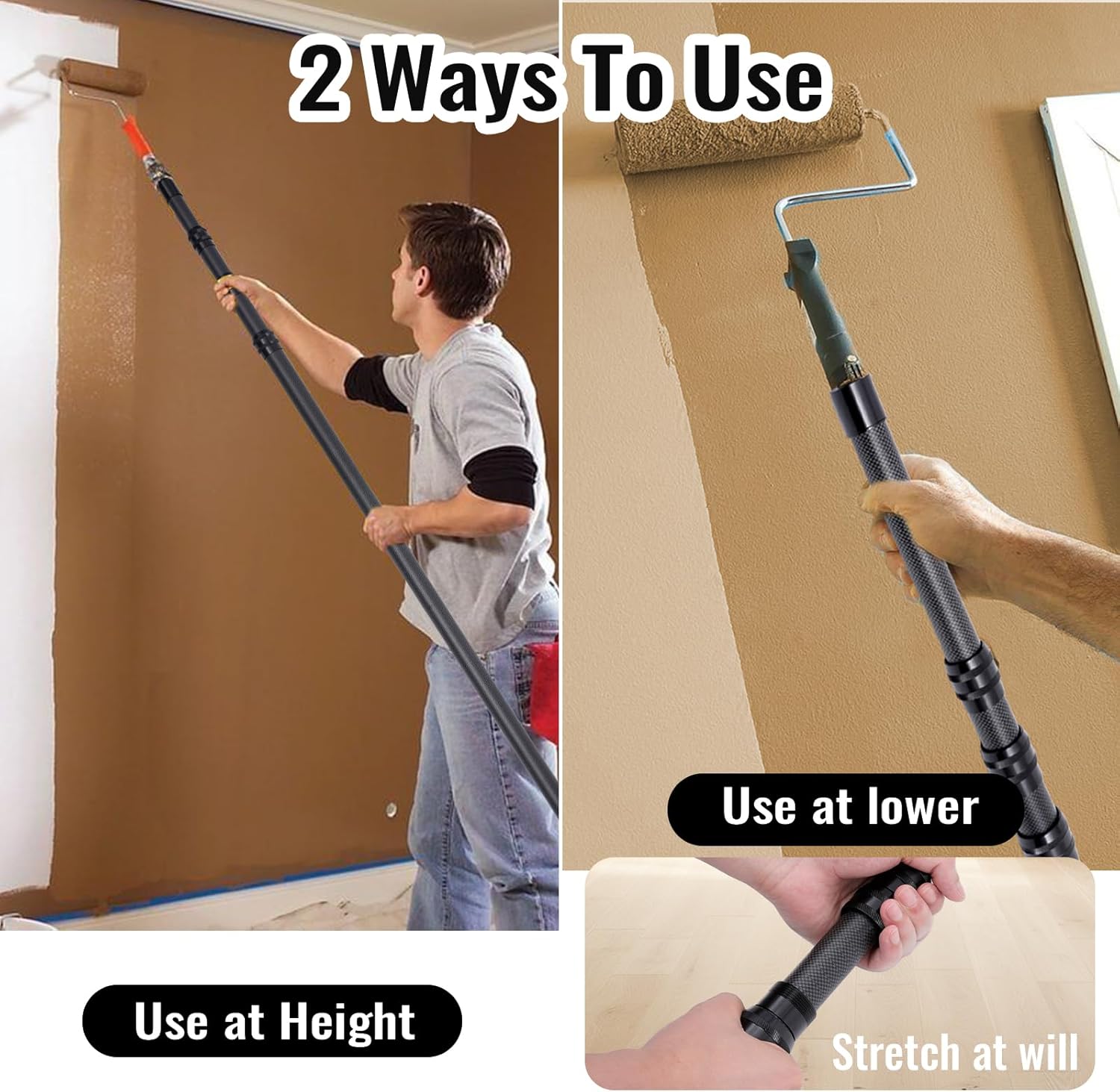 Carbon Fiber Extension Pole – 12ft Lightweight Telescoping Paint Roller Pole with Twist-Lock Thread, 40% Lighter Than Aluminum Poles (3.5-12ft)