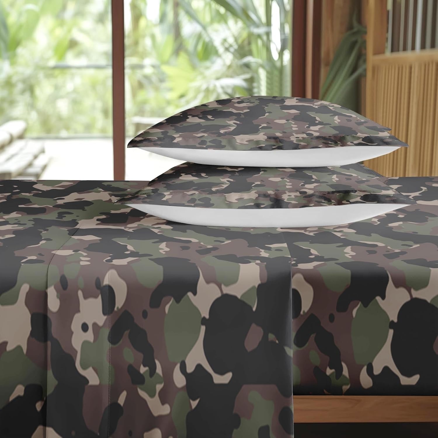 Pamnest Twin Size Bed Sheet Sets, Woodland Camouflage Soft Microfiber 3 Pcs Bedding Sets for Kids and Adults Bedroom Bed Decor, Camo Military Hunting Flat, Fitted Sheet and Pillowcases