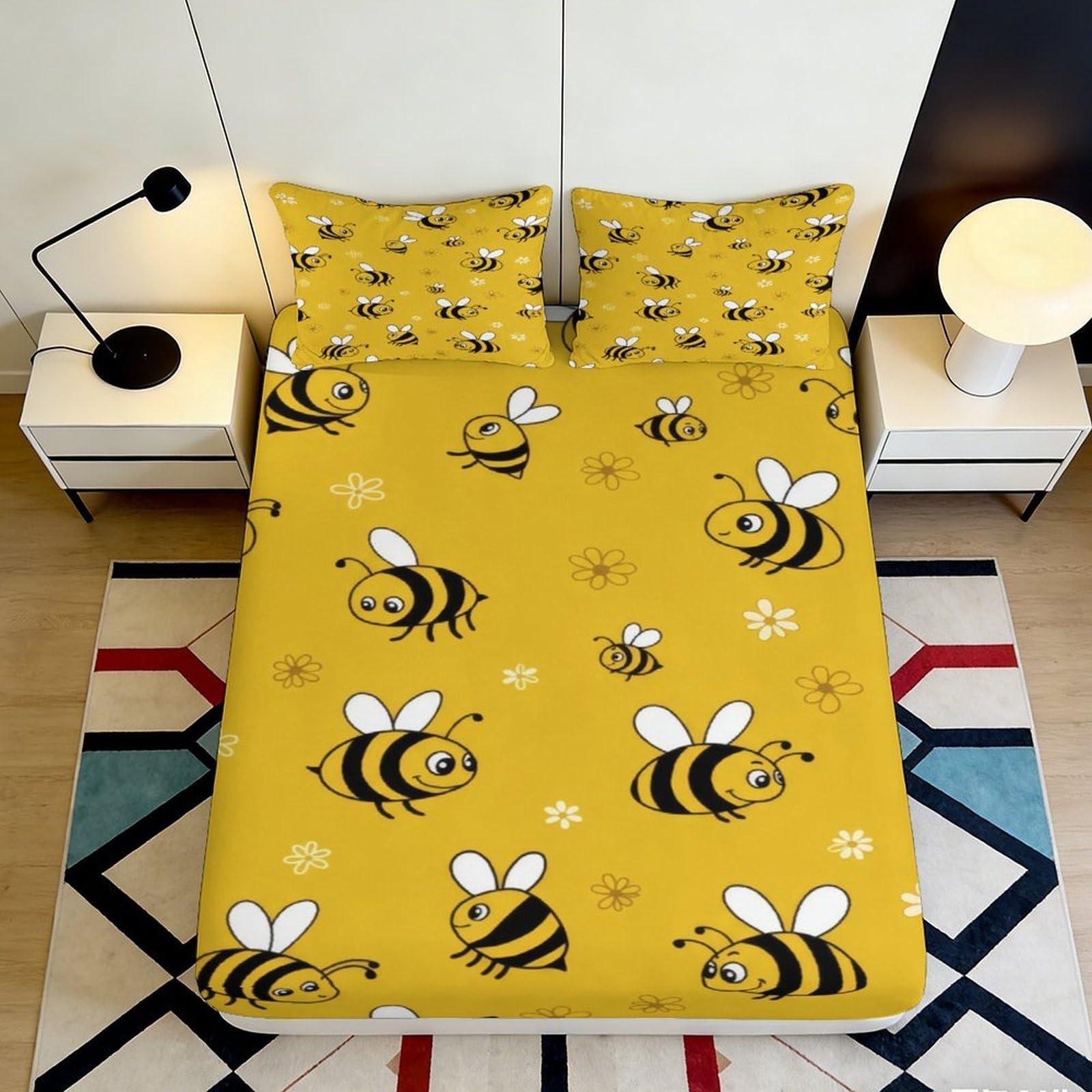 3D Printed Bee Pattern Fitted Sheet Microfiber Bedroom Deep Pocket Bee Mattress Fitted Cover Non-Slip Full Wrap for Adults Teens 200x200x25cm