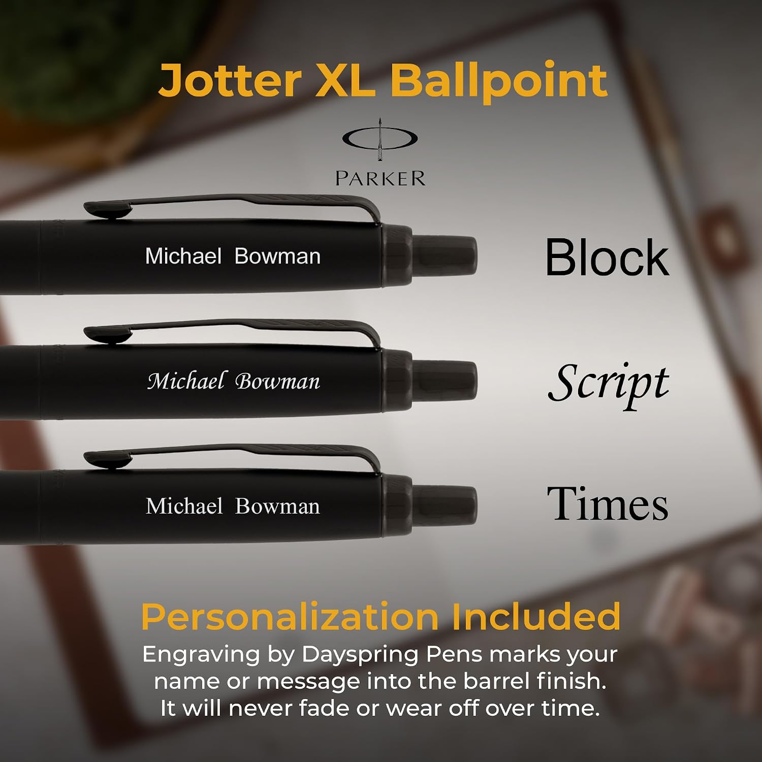 Parker Jotter XL Monochrome Ballpoint Pen, Matte Black Stainless Steel with Matching Trim, Personalized Laser Engraving, Blue Ink, Parker Gift Box, Graduation and Retirement Gift
