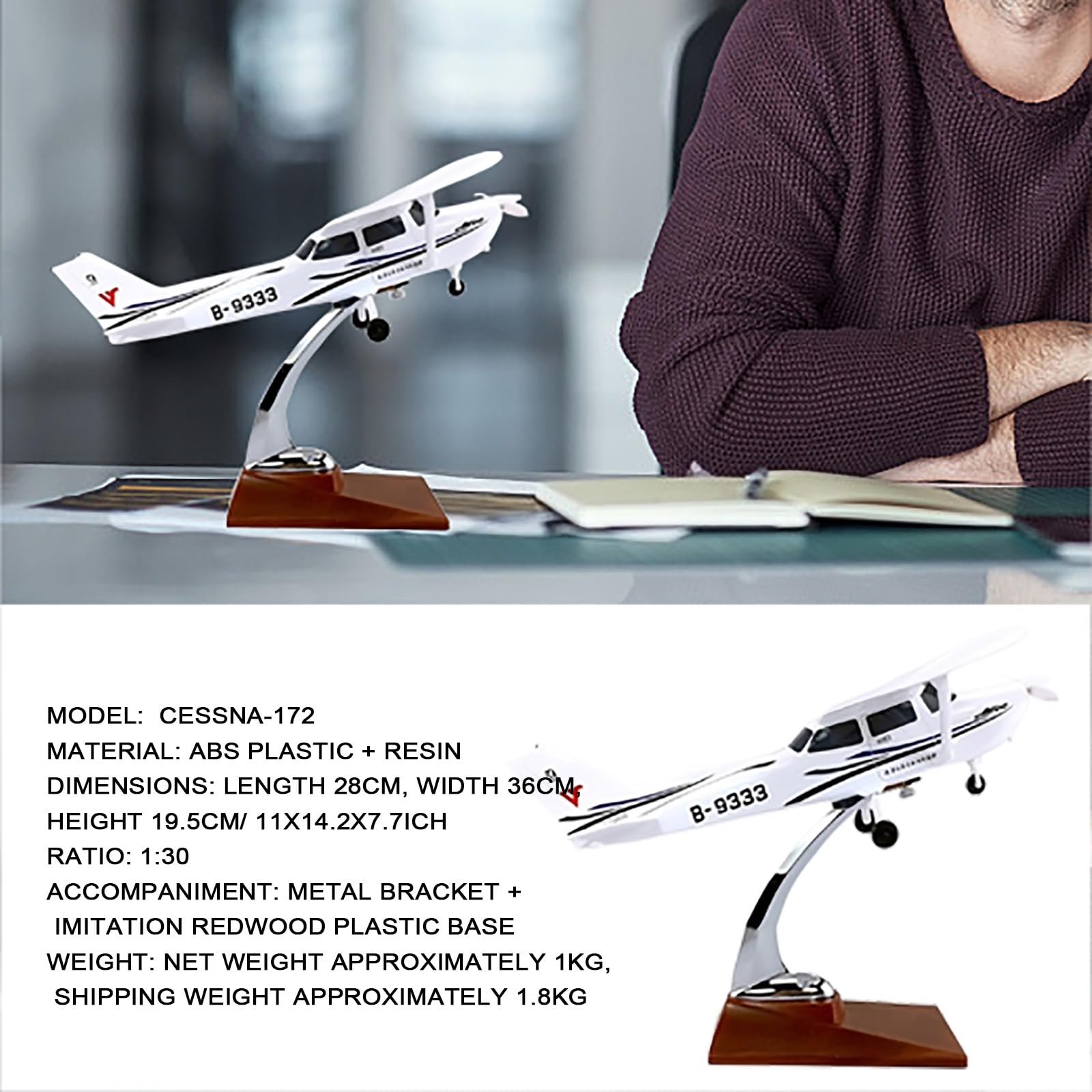 Modello aereo statico Cessna 172 in scala 1:30 lega resina con supporto espositivo staccabili ruote espositore tavolo collezione for adulti appassionati aviazione