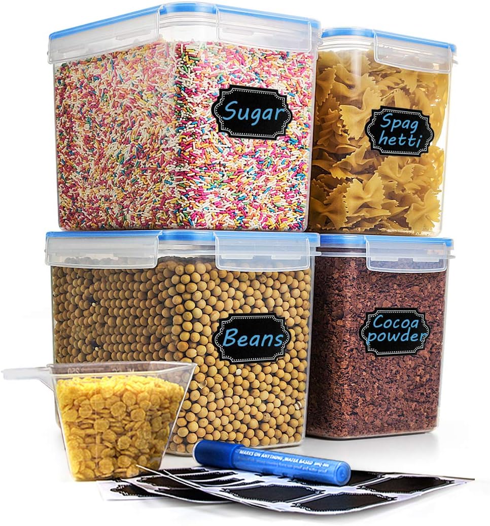Cereal & Dry Food Storage Container, Estmoon Plastic Storage Containers, Airtight, Leak proof With Locking Lids - Suitable For Cereal, Flour, Sugar, Rice, Snacks - Set of 4 (122.99 oz / 3.6L)