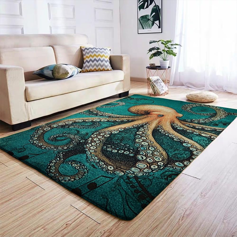 Octopus Rugs Bathroom - Vintage Octopus Rug - Personalized Big Yellow Octopus Area Rug, Octopus Carpet for Kitchen Absorbent Soft Colorful Octopus Area Rug for Living Room Decor Octopus Rug Non-Slip
