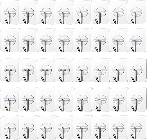 COLOGO Paquete de 100 ganchos adhesivos de 24 libras (máx.), ganchos autoadhesivos resistentes, transparentes, reutilizables, sin costuras,