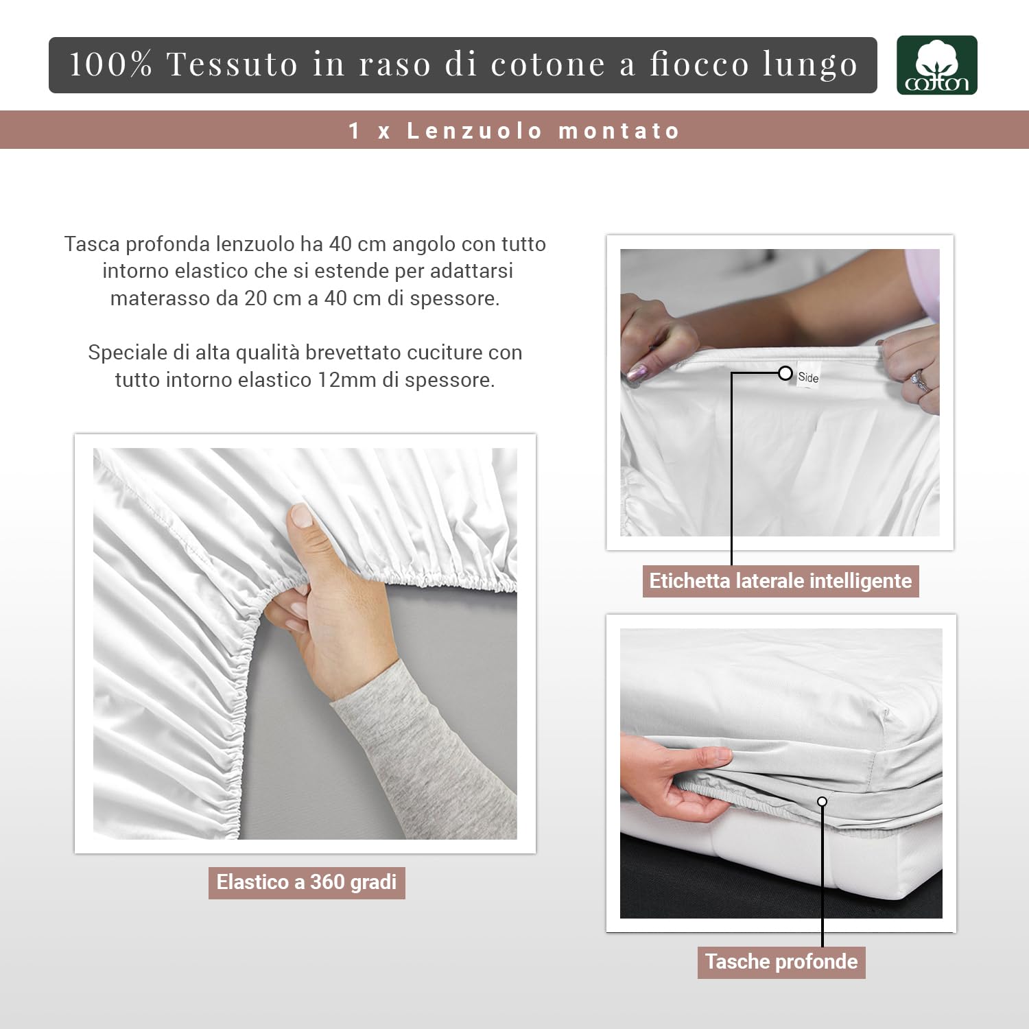 Pizuna Lenzuolo con angoli Singolo Cotone 90x200 cm Bianco,400 fili con Sateen 100% Cotone a fiocco lungo lenzuolo coprimaterasso con tasca profonda 40 cm (Biancheria De Letto Bianco)