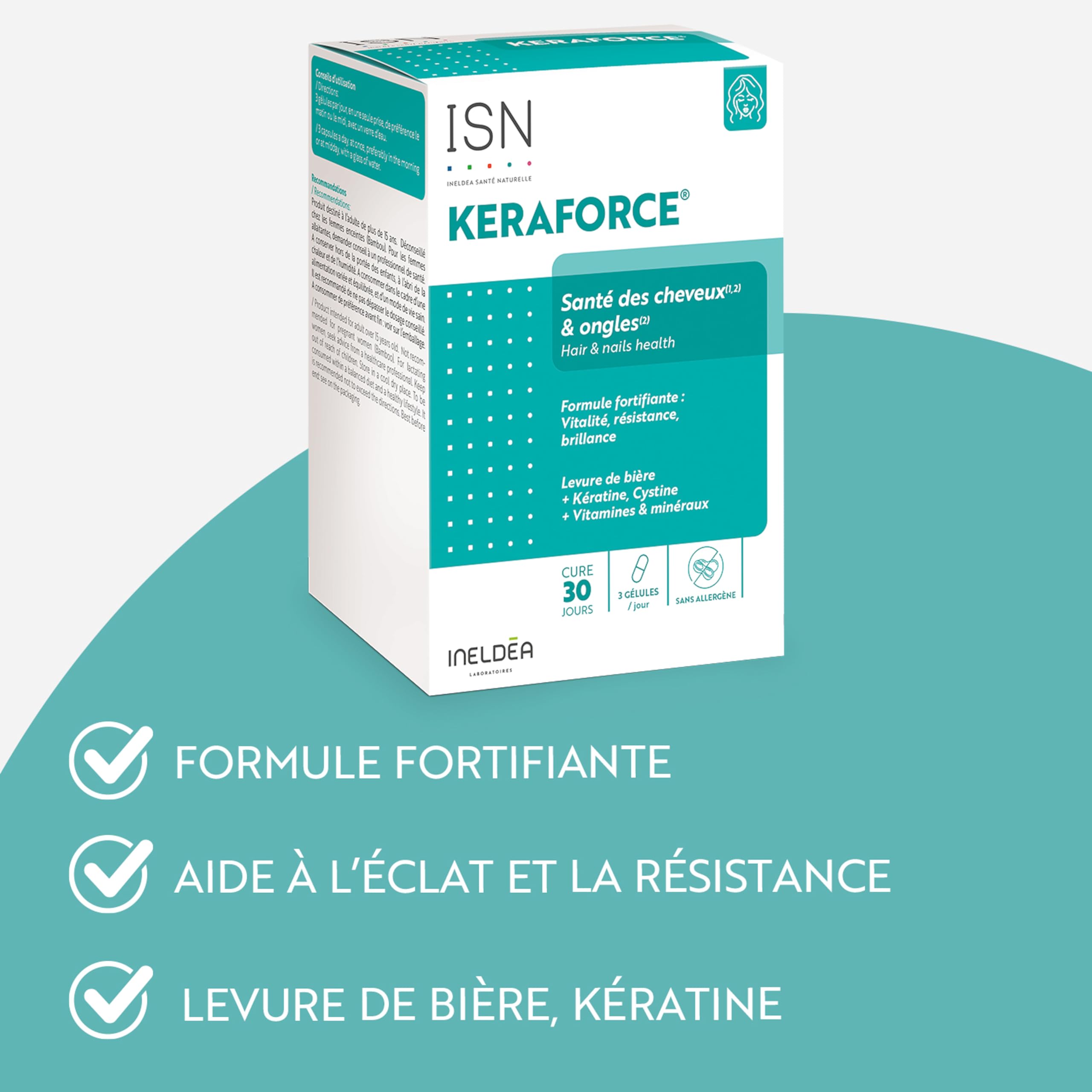 Ineldea Santé Naturelle - Keraforce - Nourrit les cheveux et les ongles - Améliore la résistance et la beauté - Kératine + Levure de Bière + Vitamines - Cure 30j