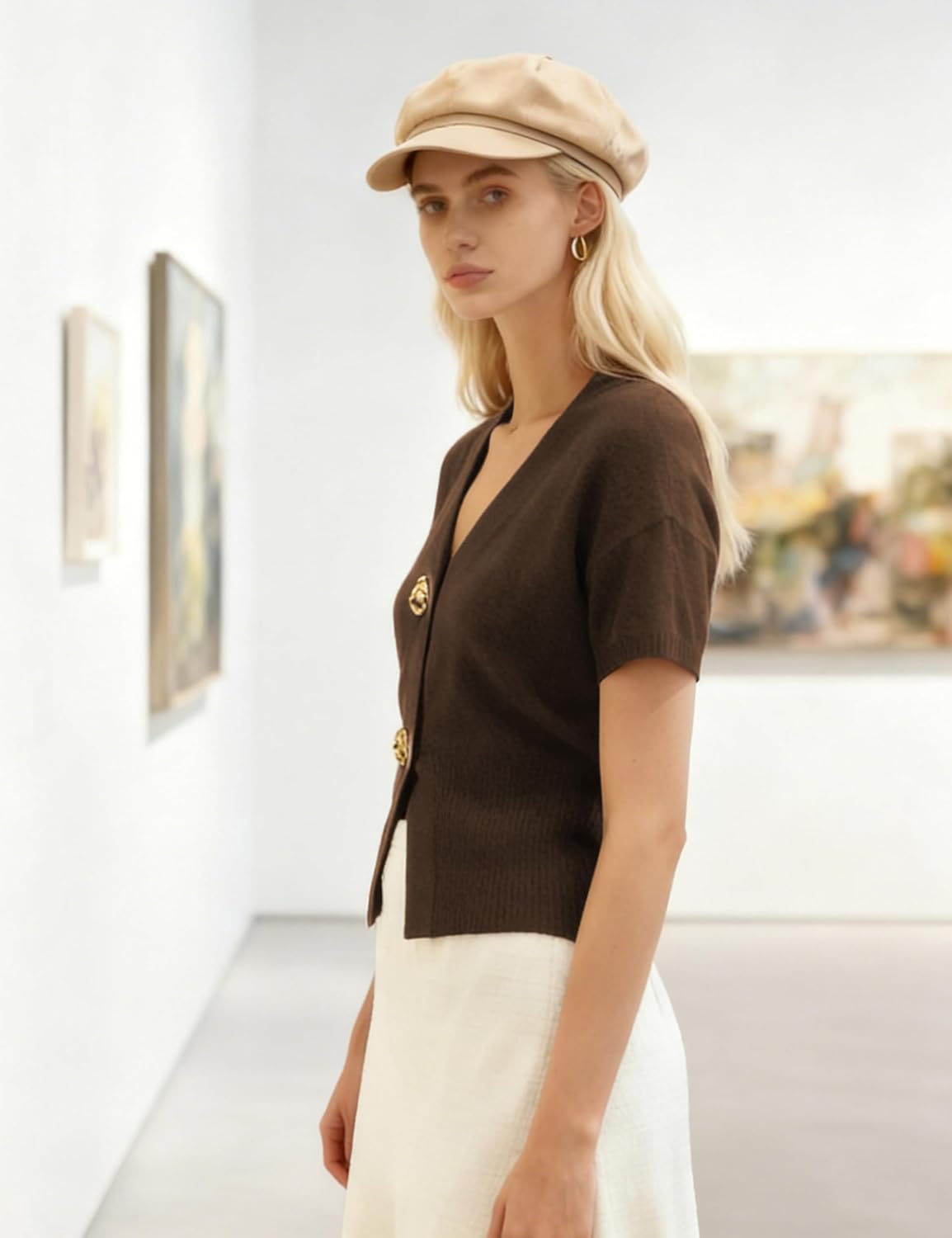 Cardigan Sweaters for Women V Neck Short Sleeve Gold Button Down Knitted Sweater Trendy Tops - Image 2