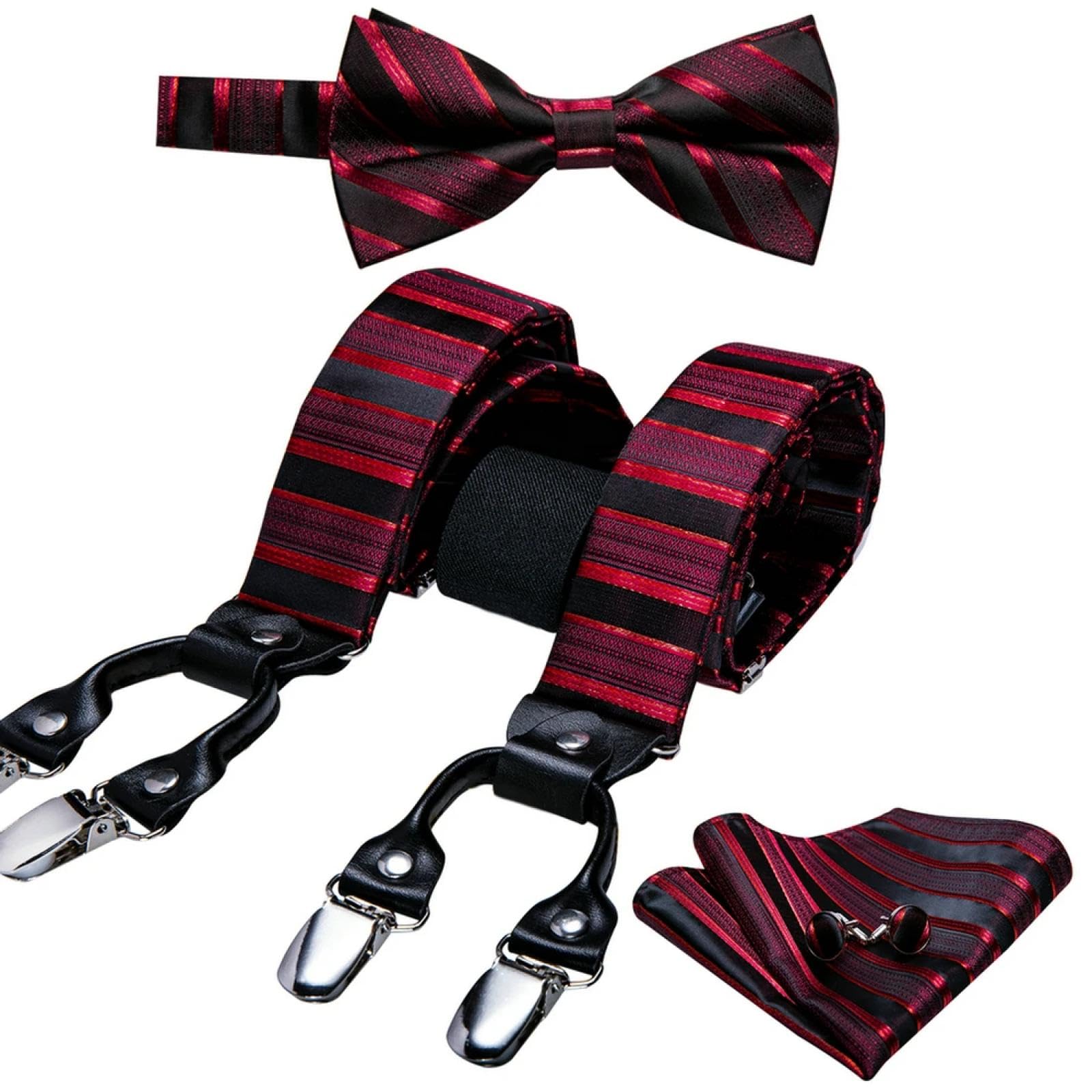 Hosenträger Suspender Gestreifte Hosenträger Für Männer Party Vorgebundene Fliege Einstecktuch Manschettenknöpfe Set Aus Seide Leder Metall 6 Klammern