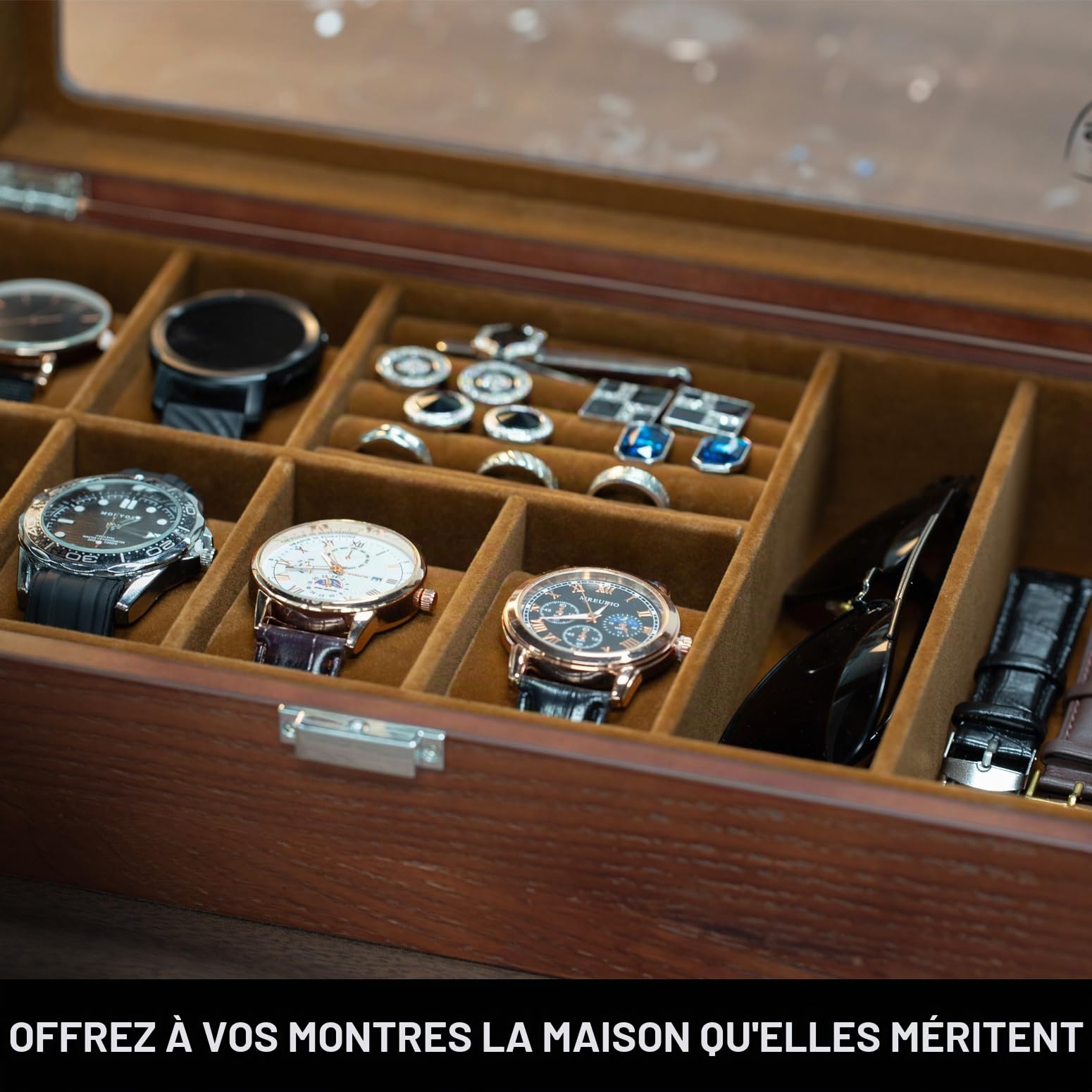 Slege Boîte à Montres en Bois,6 Emplacements,Coffret à Montres avec Couvercle en Verre,Organisateur de Rangement pour Montre,Boîte à Bijoux,Cadeau pour Homme Femme,pour Montre,Lunette de Soleil,Bague