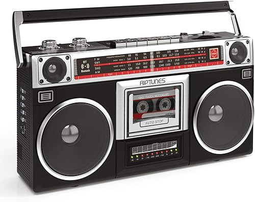 Miniatura 9 de Riptunes Boombox - Grabadora de casete de radio, radio AMFM -SW1SW2, transmisión inalámbrica, ranuras USBMicro SD, entrada auxiliar, conector de