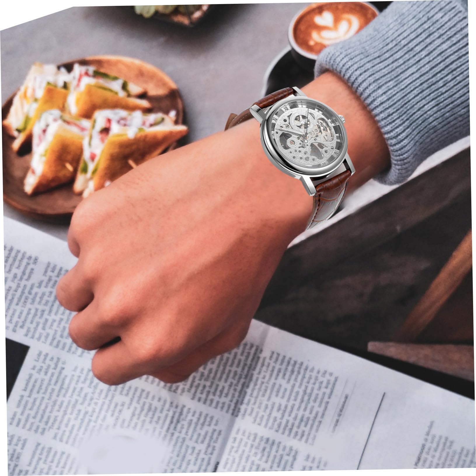 Healvian Winner Orologio Meccanico Manuale con Rotondo Cinturino PU Regolabile Marrone e Cassa Preciso e Design