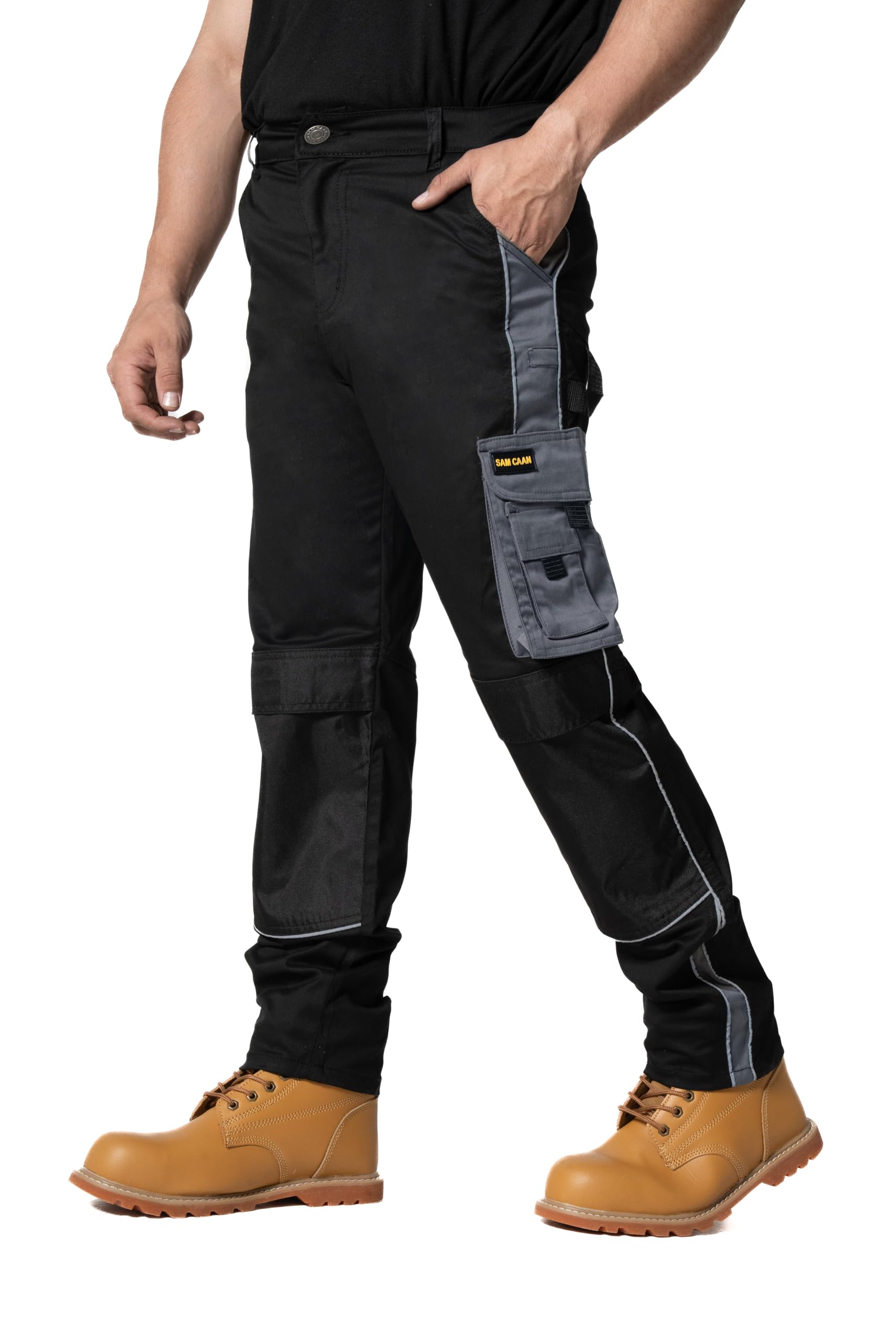 Sam Caan® Mens Work Trousers Workwear Safety Trouser Multi Function Pockets Cargo Working Pants for Men Black-Grey