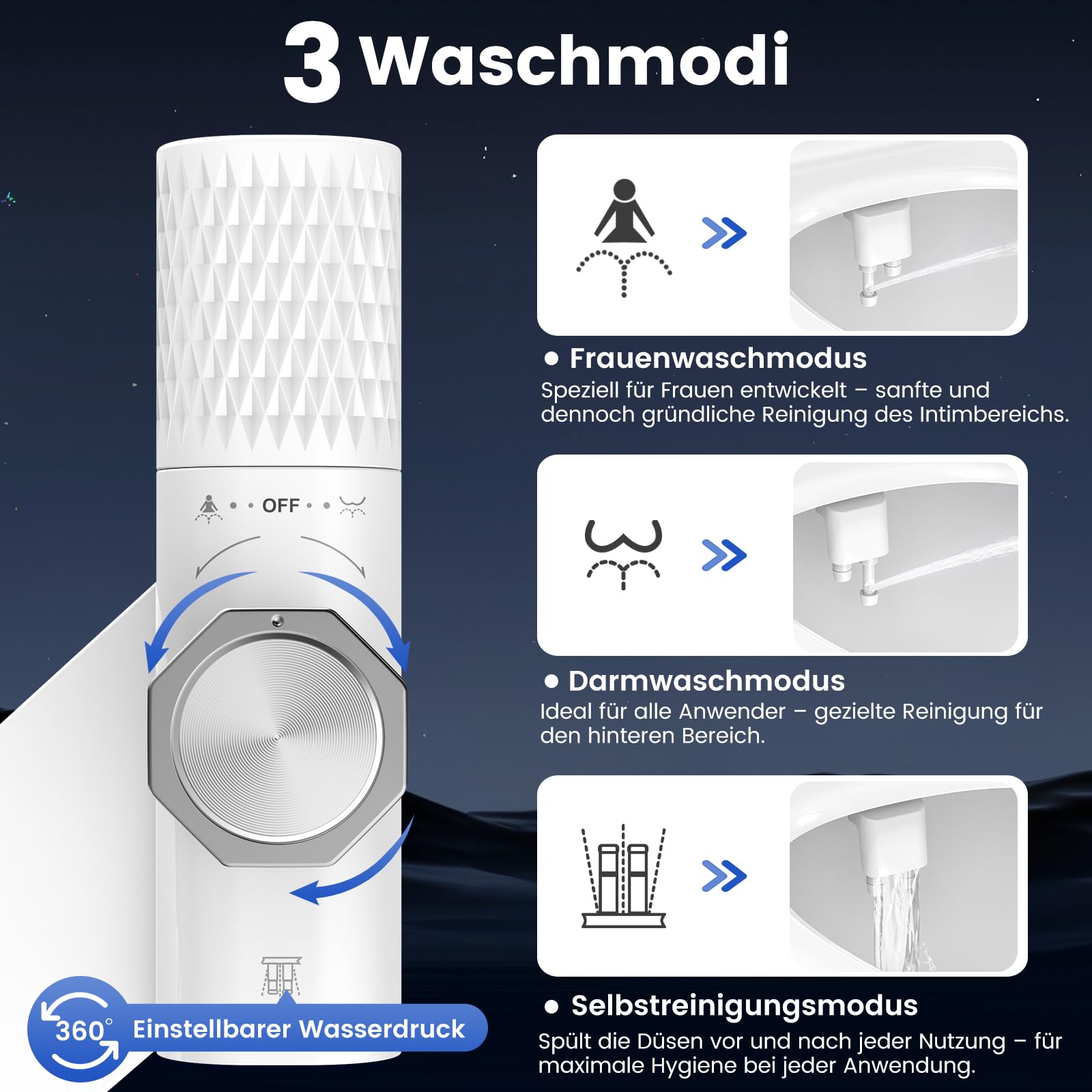 FEELSO ultraflacher Bidet mit Filter, Doppeldüsen für Vor-/Rückreinigung | Bidet-Aufsatz mit selbstreinigenden Düsen, ohne Strom, frei einstellbarer Wasserdruck, integrierter Kalkfilter für Hartwasser