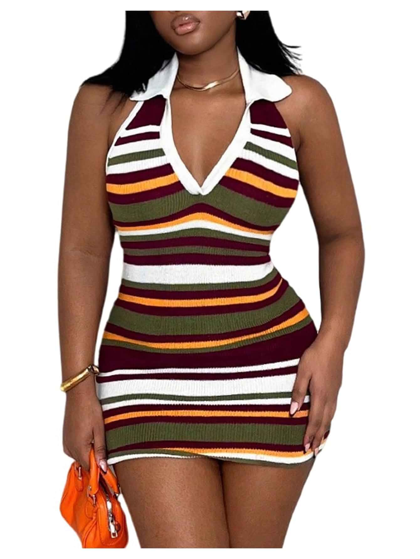 SOLY HUX Women's Striped Halter Mini Dress Sleeveless Bodycon Knit Dresses Collared V Neck, Backless, Club Party Going Out Outfits, Vacation Summer Dress