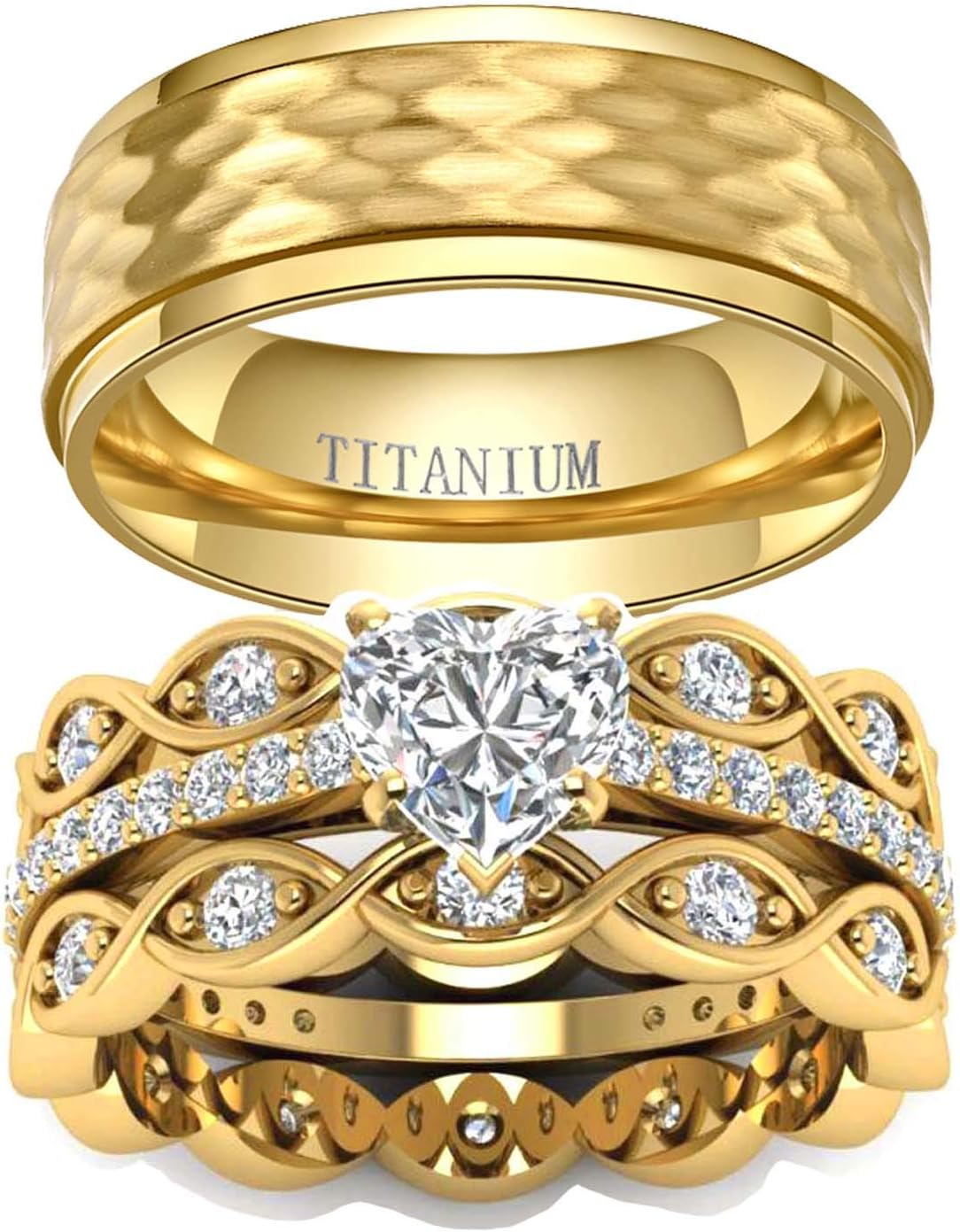 LOVERSRING 3pc Couple Ring Bridal Sets Women 14k Yellow Gold Plated Cz Man Titanium Band Wedding Ring Sets for Him and Her