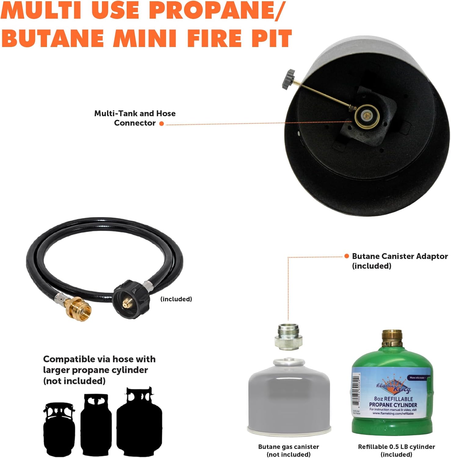 Bundle of Flame King Mini Tabletop Fire Pit with Smokeless Odorless Flame, 5LB Gas Hauler Kit and 1/2LB Propane Tank