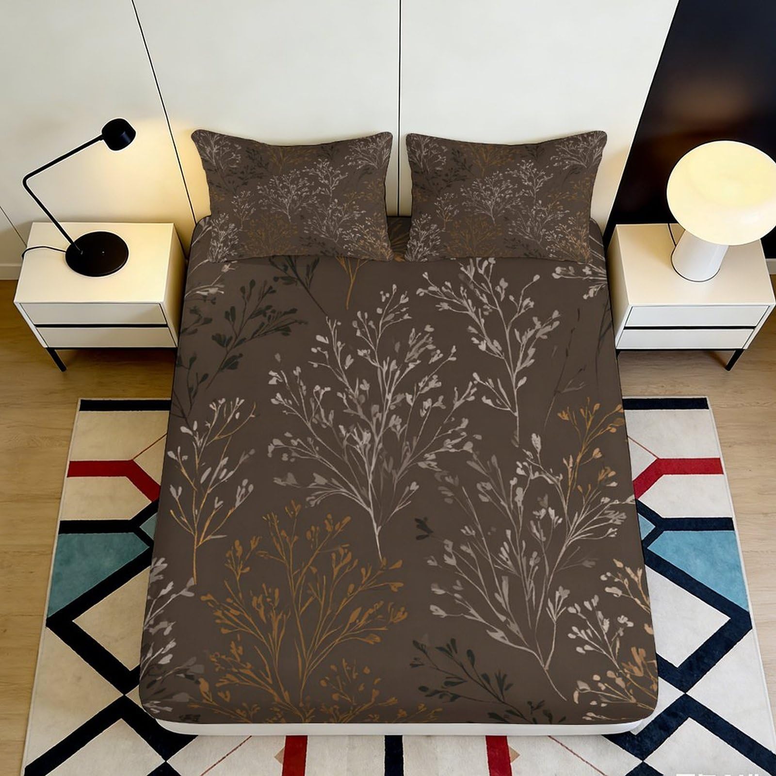 3D Printed Tree Branch Fitted Sheet Microfiber Non-Slip Deep Pocket Tree Branch Mattress Fitted Cover Full Wrap Washable Bedding 200x200x25cm